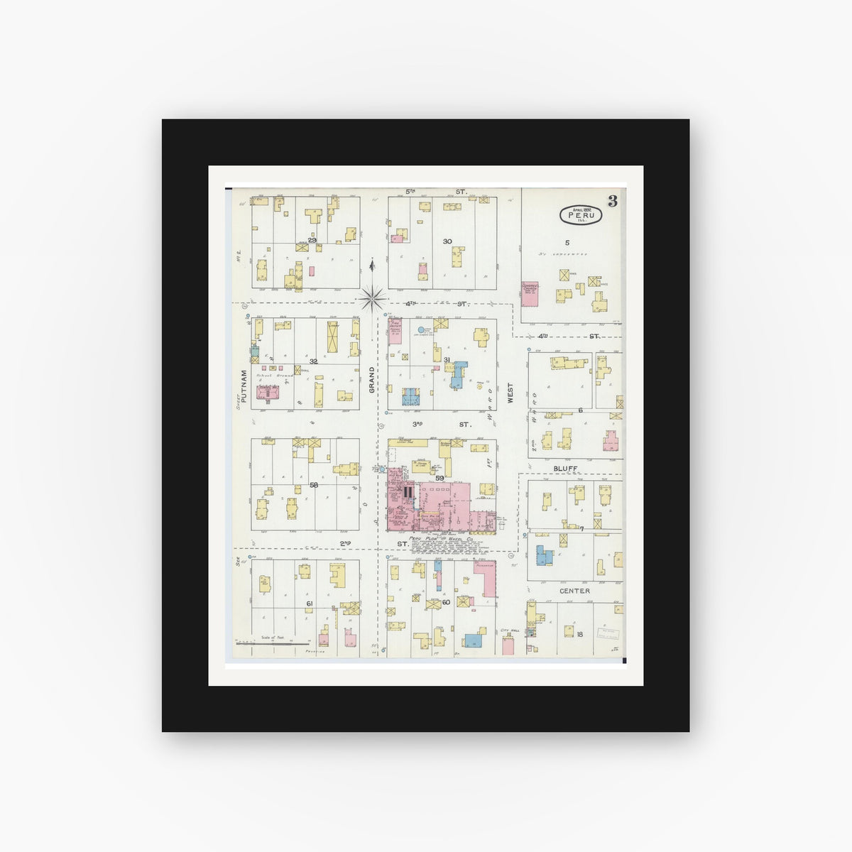 Old map wall art mockup — black gallery frame with white mat — Sanborn Fire Insurance Map from Peru, La Salle County, Illinois (1892), Sheet #0003