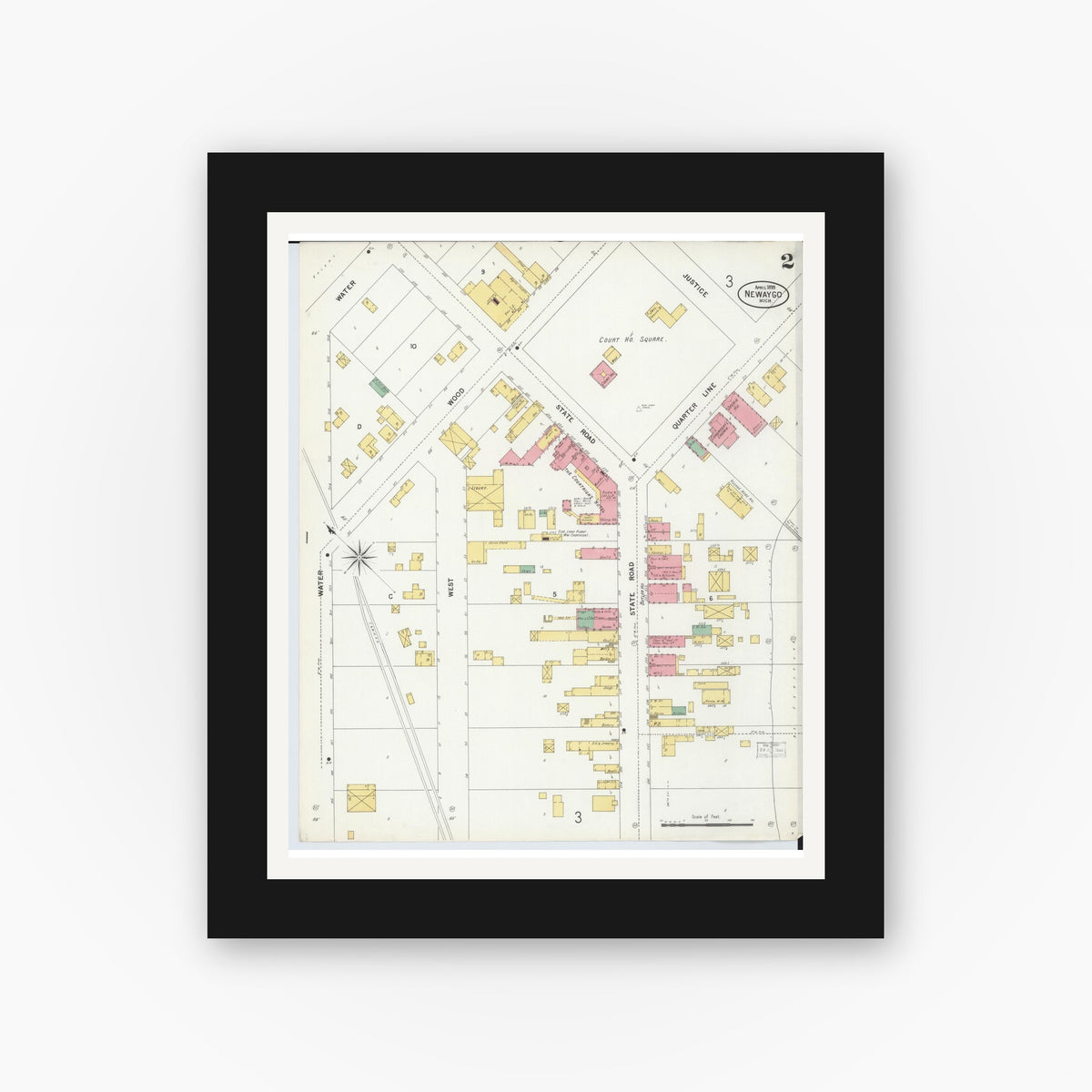 Old map wall art mockup — black gallery frame with white mat — Sanborn Fire Insurance Map from Newaygo, Newaygo County, Michigan (1899), Sheet #0002
