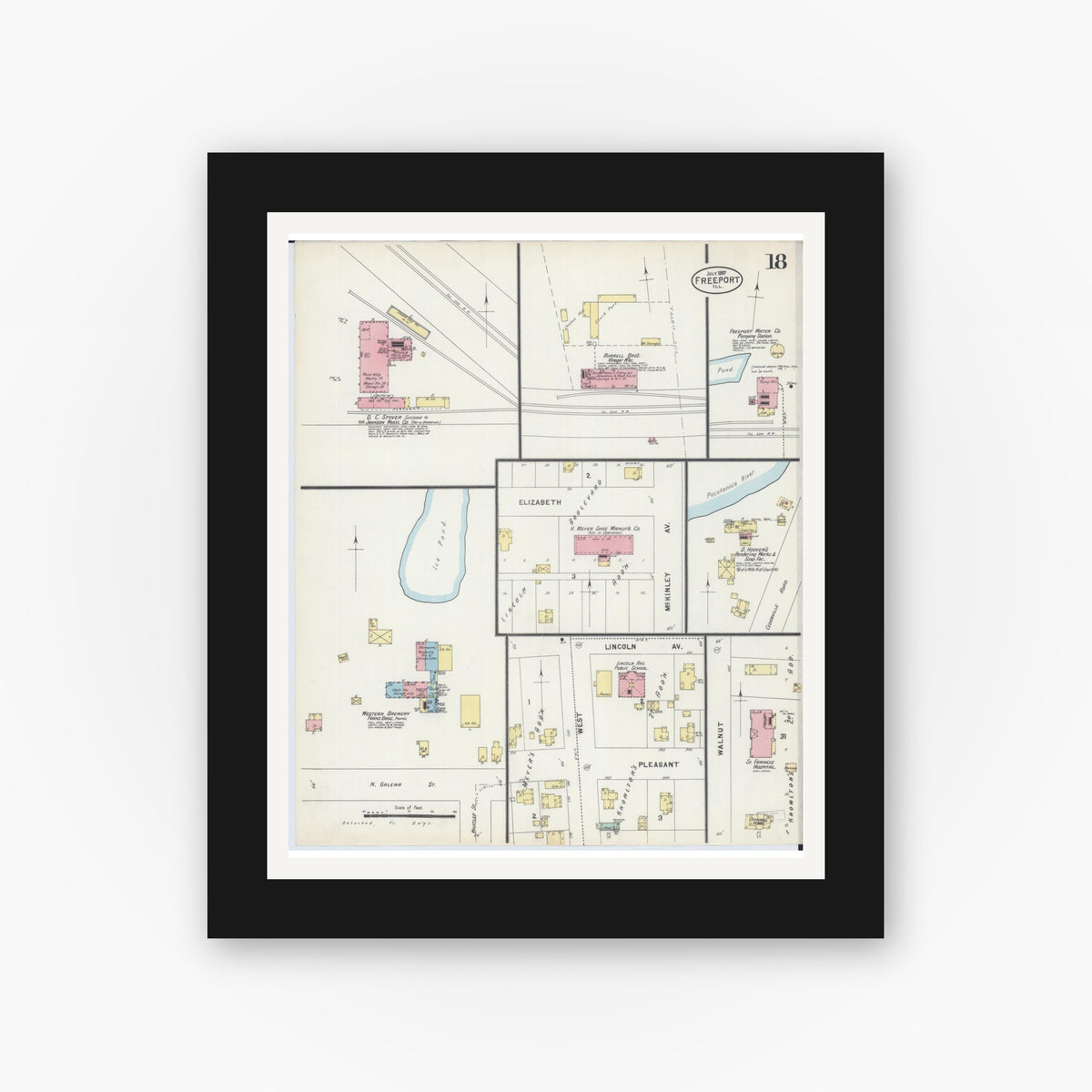 Old map wall art mockup — black gallery frame with white mat — Sanborn Fire Insurance Map from Freeport, Stephenson County, Illinois (1897), Sheet #0018