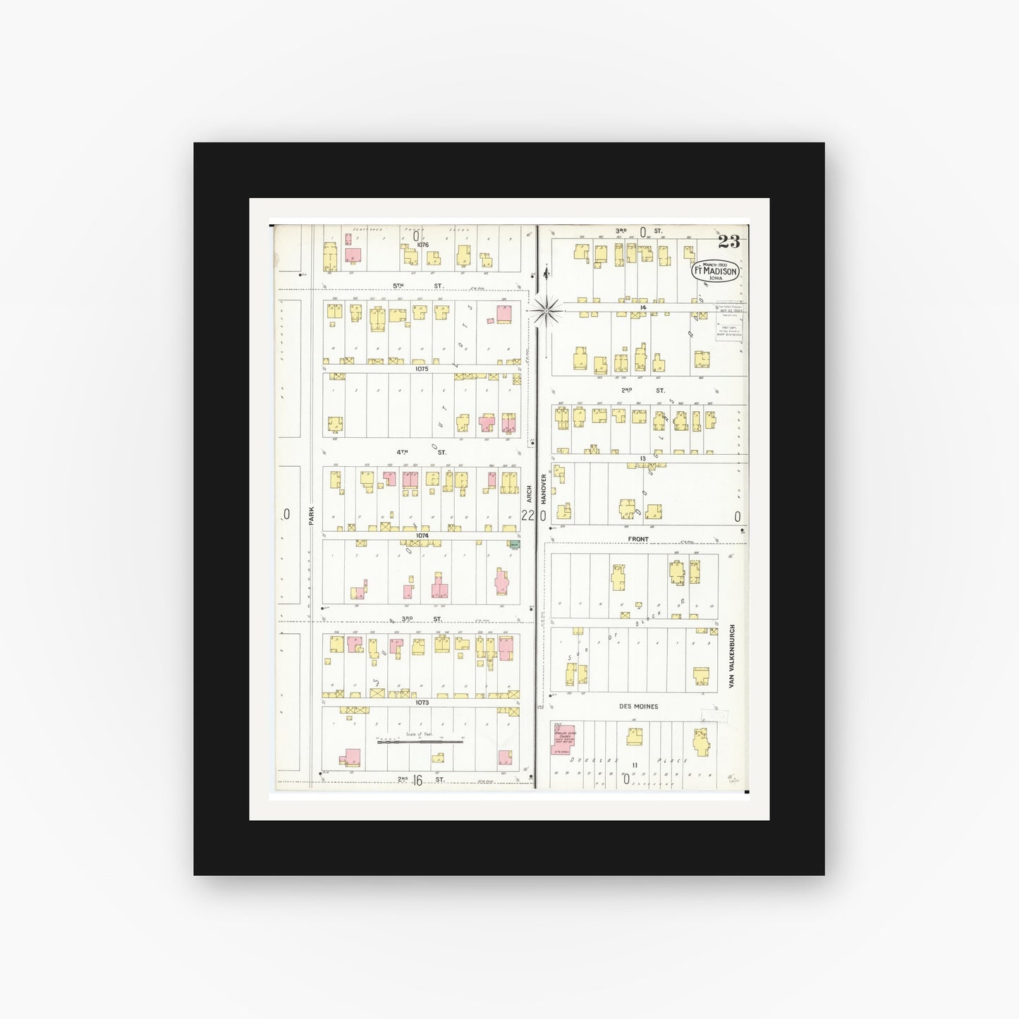Old map wall art mockup β black gallery frame with white mat β Sanborn Fire Insurance Map from Fort Madison, Lee County, Iowa (1900), Sheet #0023