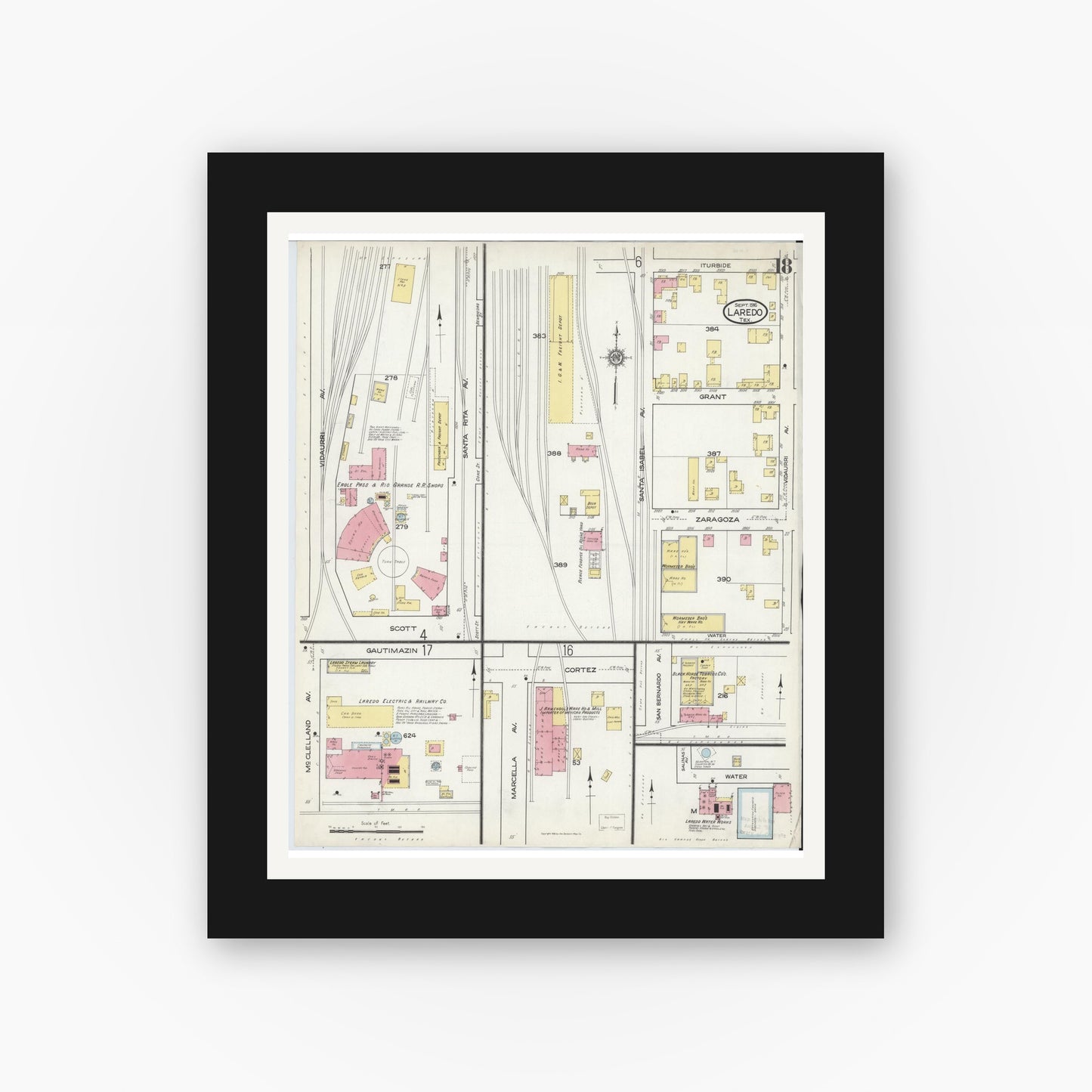 Old map wall art mockup — black gallery frame with white mat — Sanborn Fire Insurance Map from Laredo, Webb County, Texas (1916), Sheet #0018