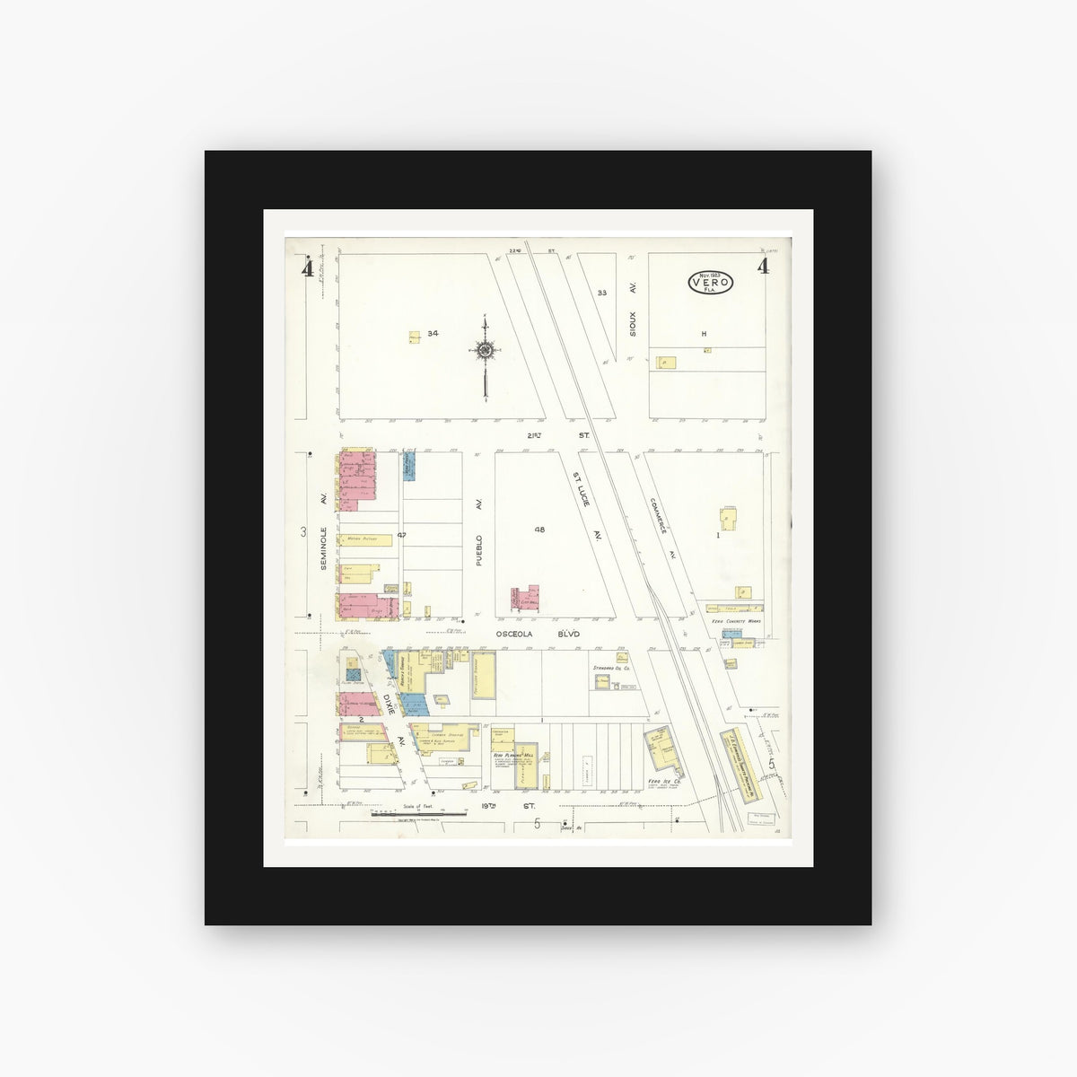 Old map wall art mockup — black gallery frame with white mat — Sanborn Fire Insurance Map from Vero Beach, Indian River County, Florida (1923), Sheet #0004