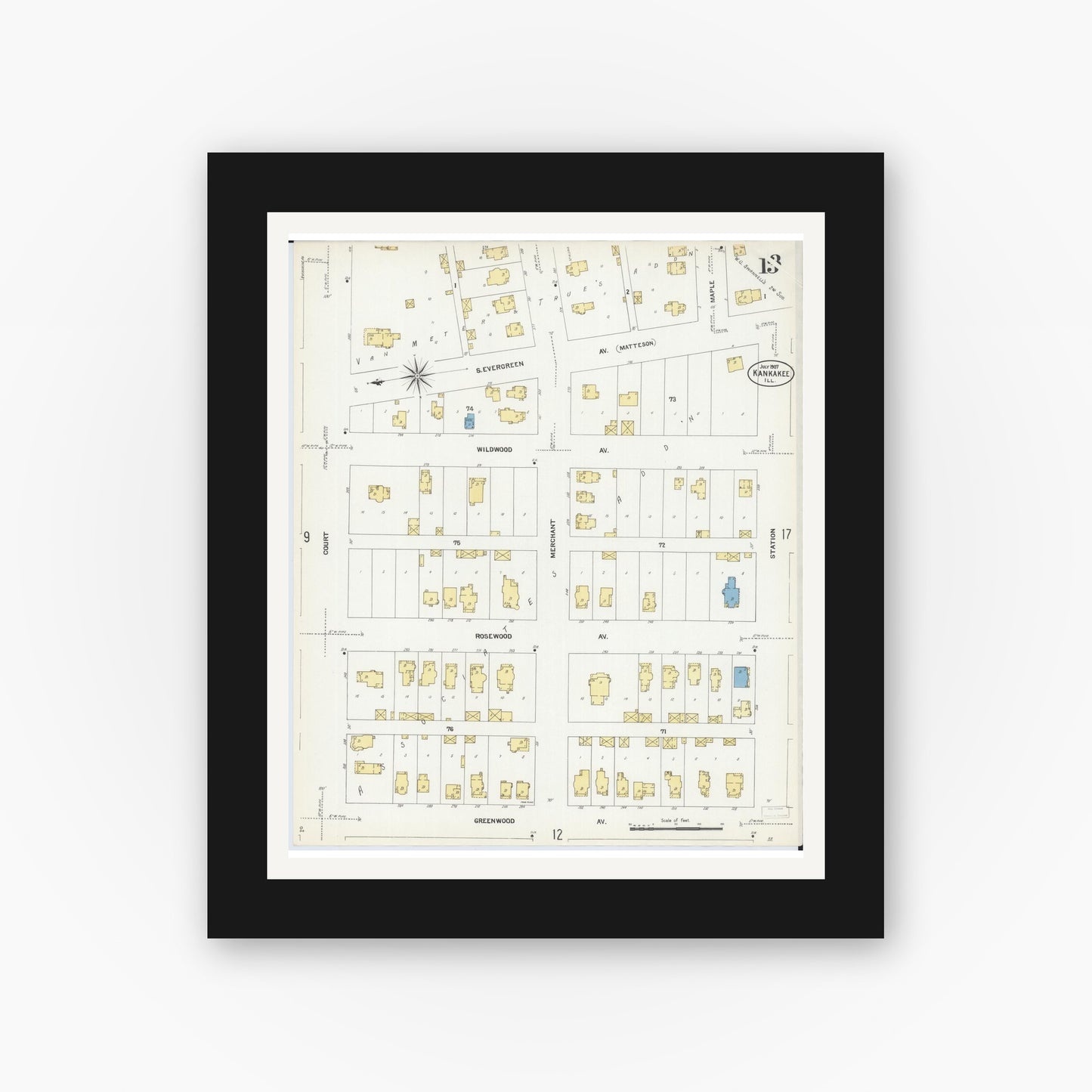 Old map wall art mockup — black gallery frame with white mat — Sanborn Fire Insurance Map from Kankakee, Kankakee County, Illinois (1907), Sheet #0013