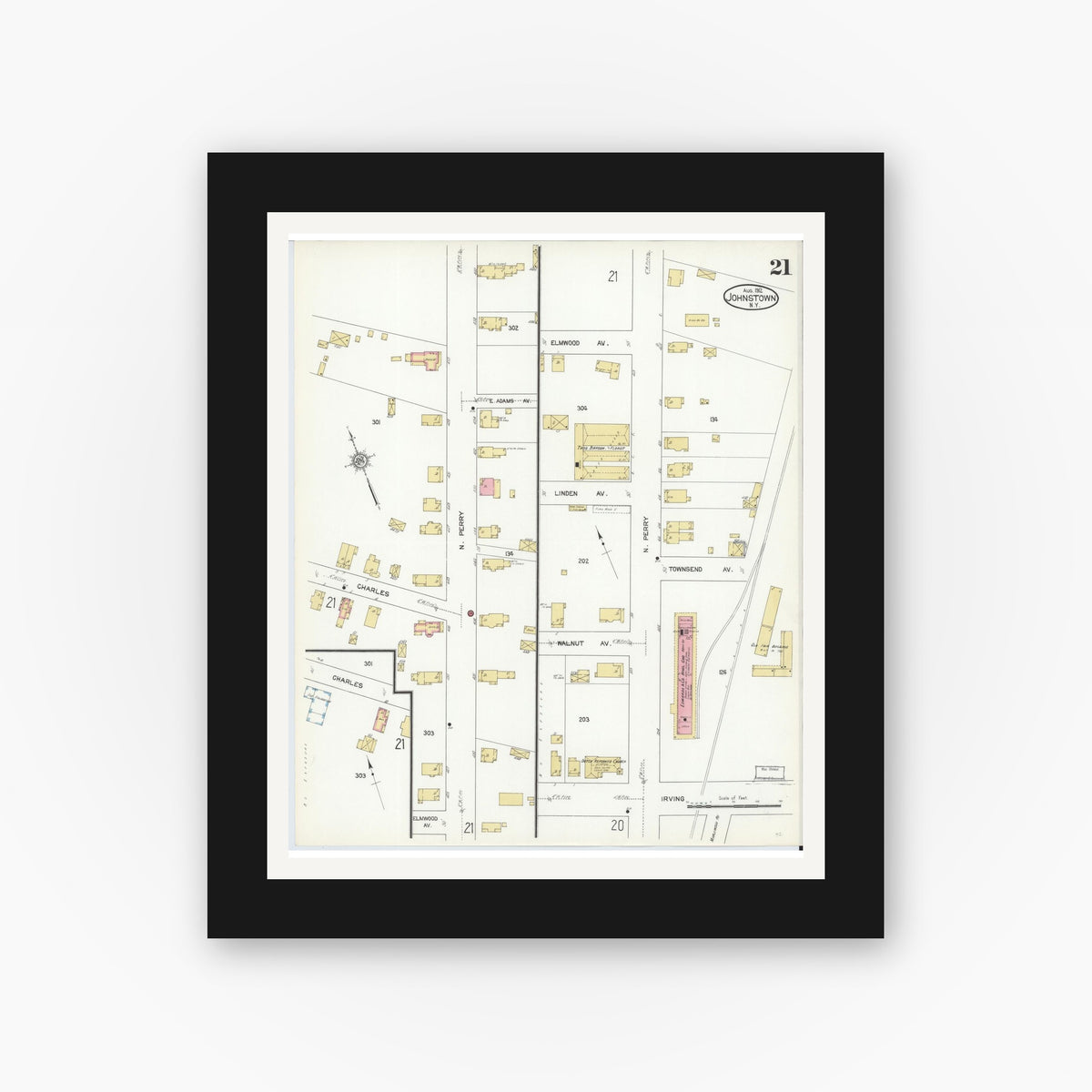 Old map wall art mockup — black gallery frame with white mat — Sanborn Fire Insurance Map from Johnstown, Fulton County, New York (1912), Sheet #0021