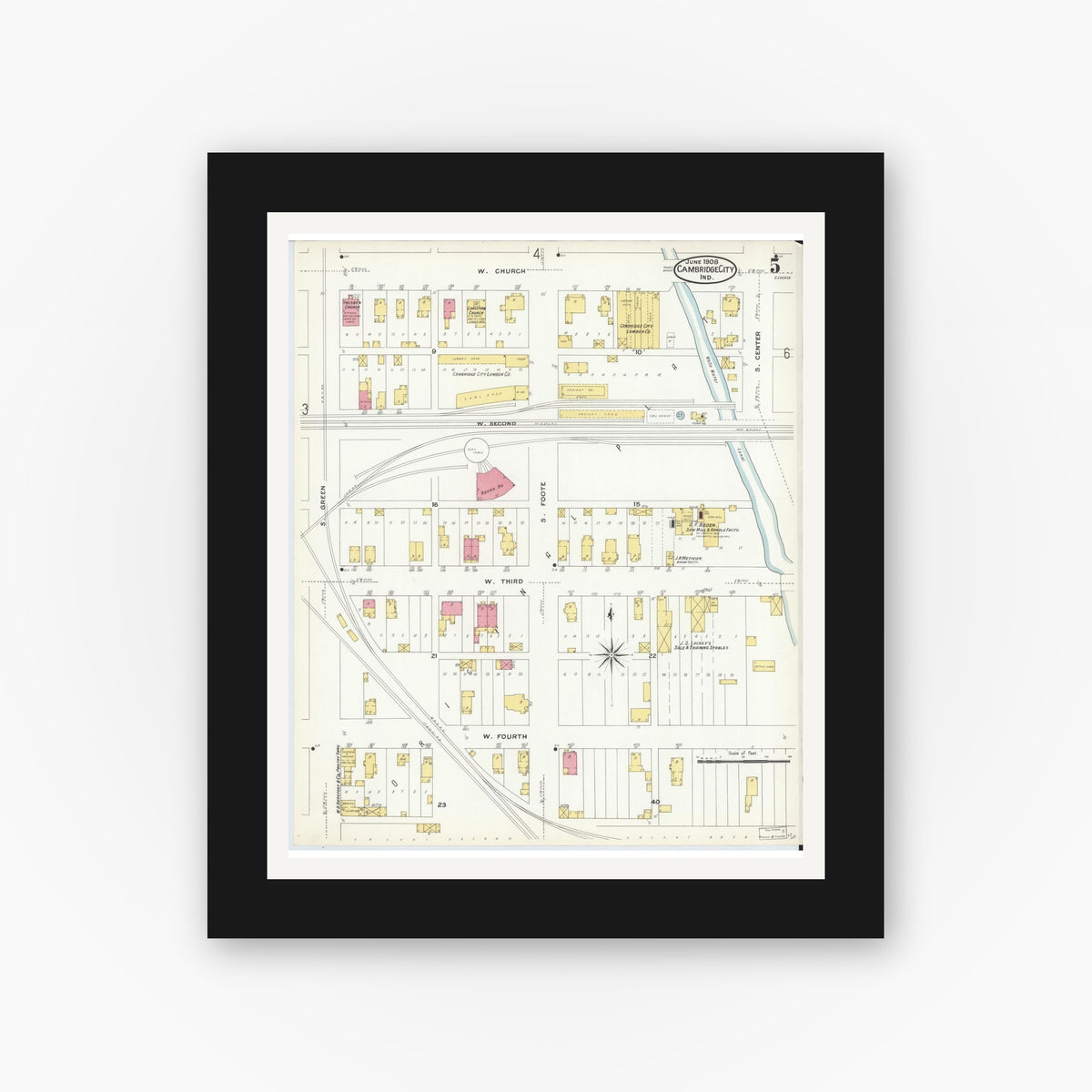 Old map wall art mockup — black gallery frame with white mat — Sanborn Fire Insurance Map from Cambridge City, Wayne County, Indiana (1908), Sheet #0005