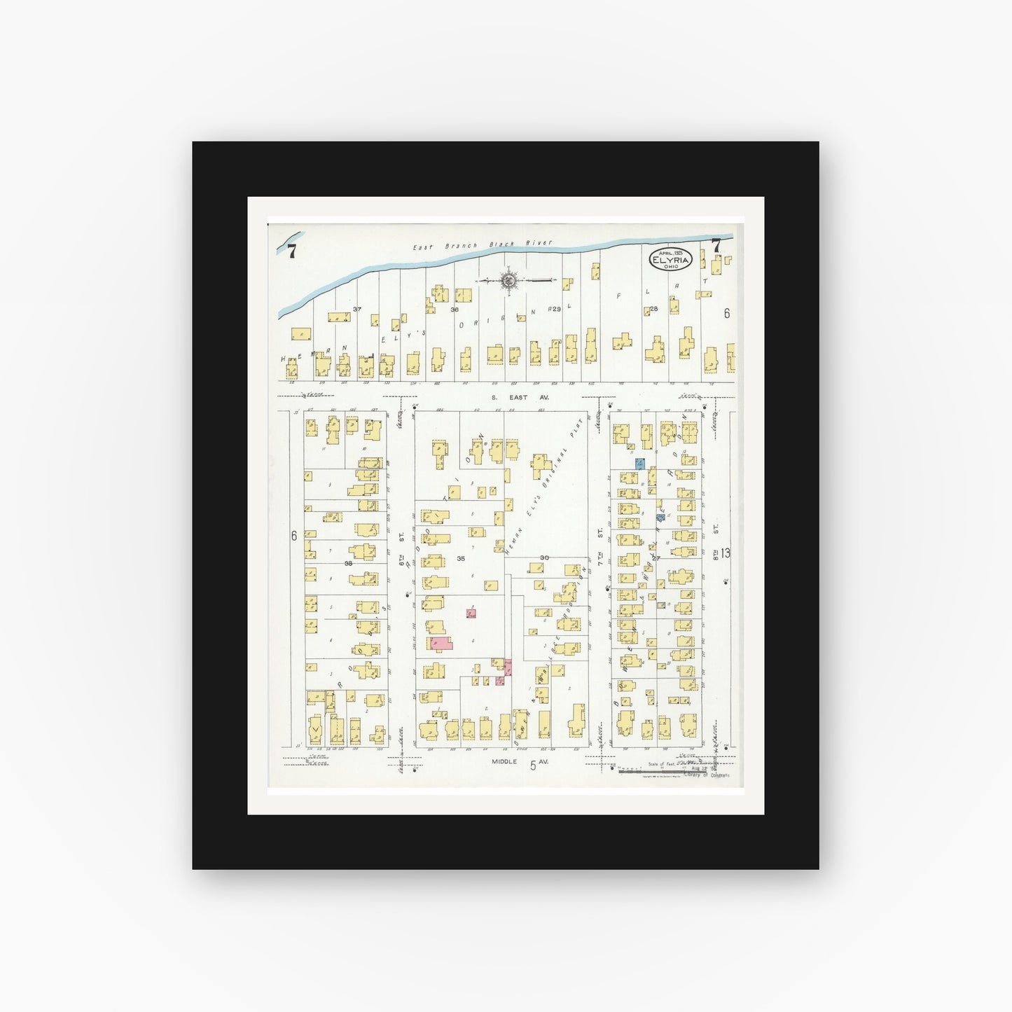 Old map wall art mockup — black gallery frame with white mat — Sanborn Fire Insurance Map from Elyria, Lorain County, Ohio (1925), Sheet #0007