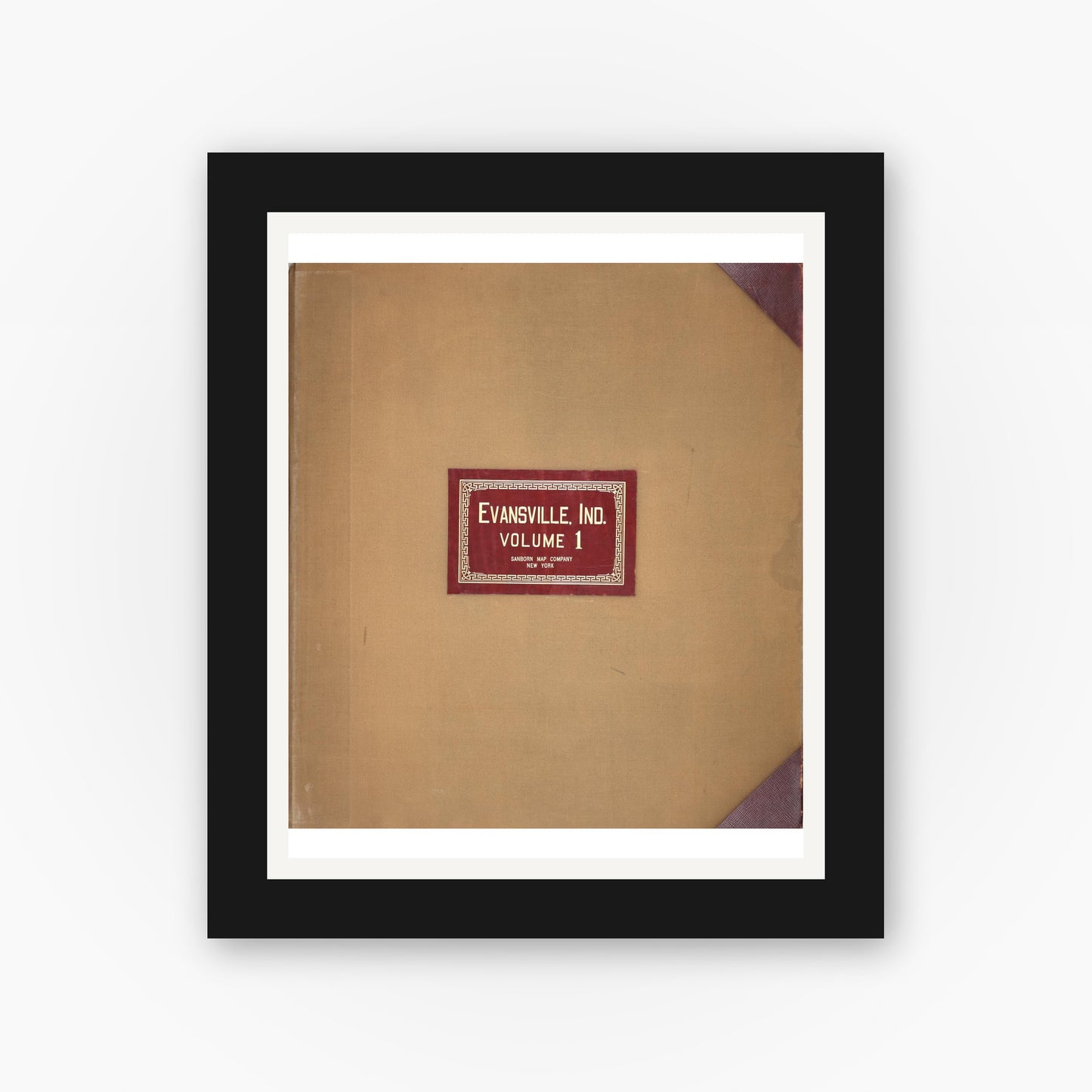 Old map wall art mockup — black gallery frame with white mat — Sanborn Fire Insurance Map from Evansville, Vanderburgh County, Indiana (1962), Sheet #0001