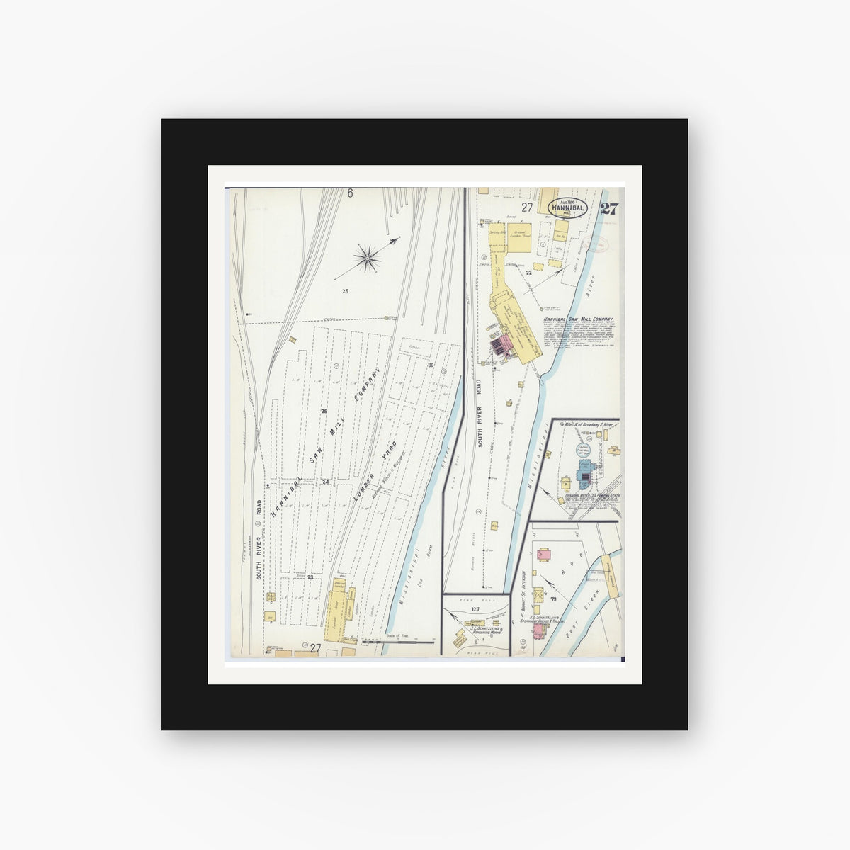 Old map wall art mockup — black gallery frame with white mat — Sanborn Fire Insurance Map from Hannibal, Marion County, Missouri (1899), Sheet #0027