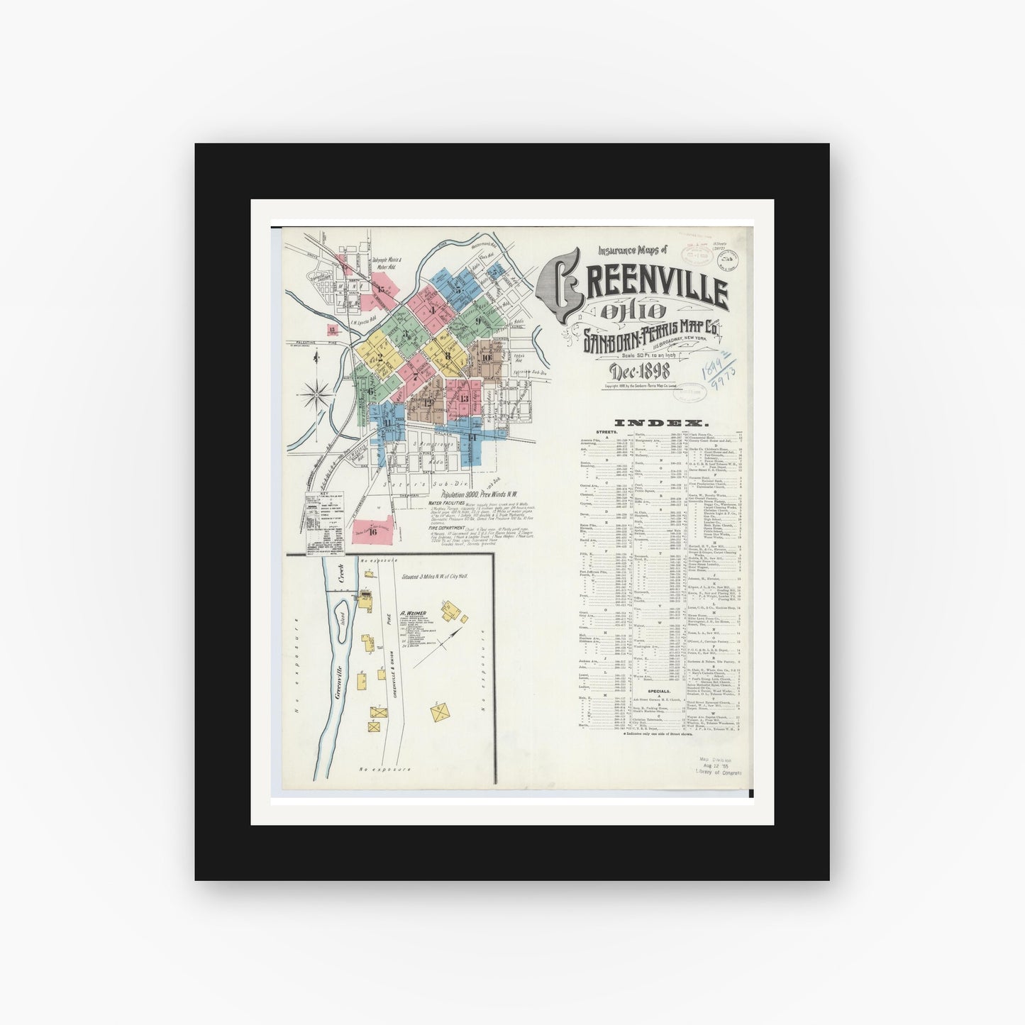 Old map wall art mockup — black gallery frame with white mat — Sanborn Fire Insurance Map from Greenville, Darke County, Ohio (1898), Sheet #0001