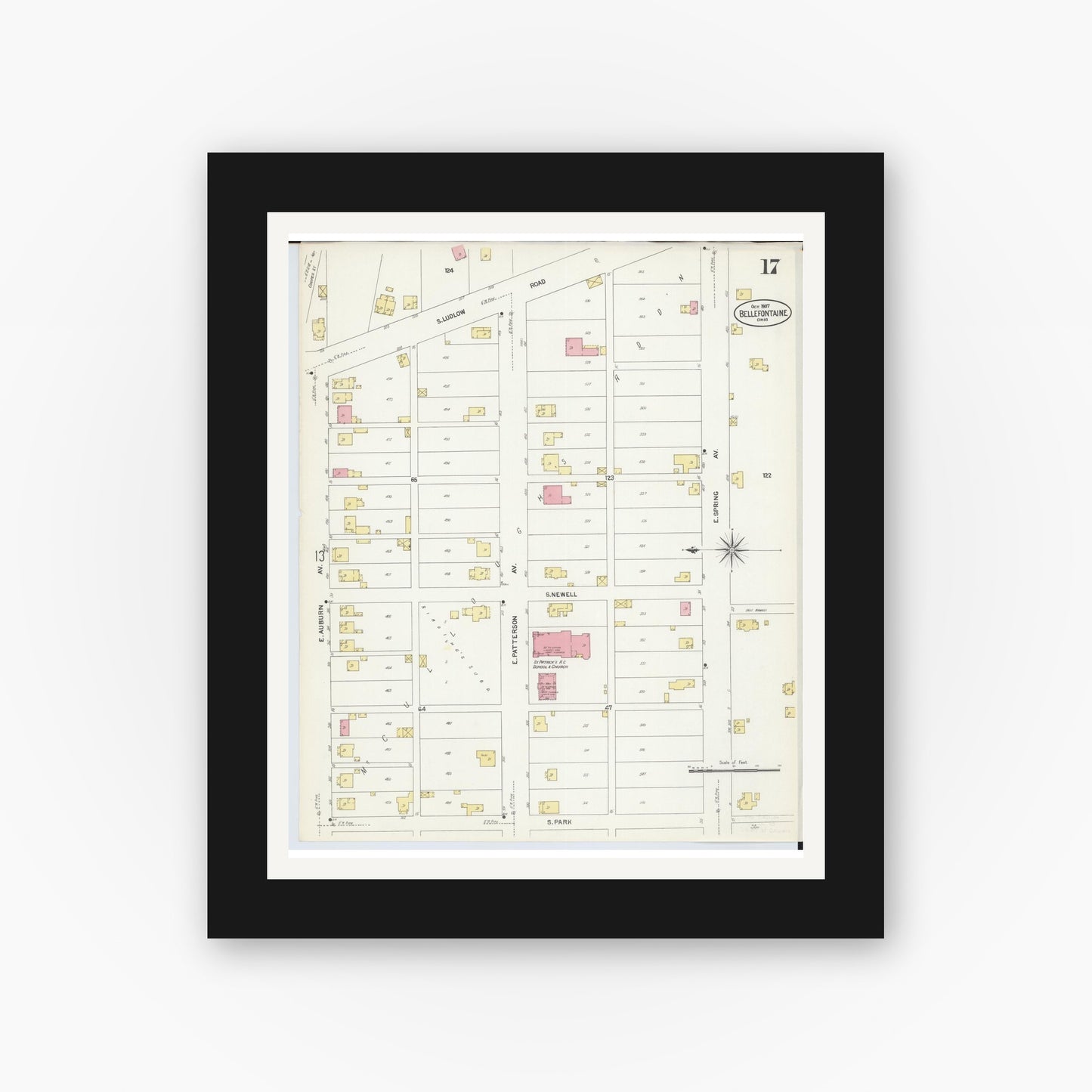 Old map wall art mockup — black gallery frame with white mat — Sanborn Fire Insurance Map from Bellefontaine, Logan County, Ohio (1907), Sheet #0017