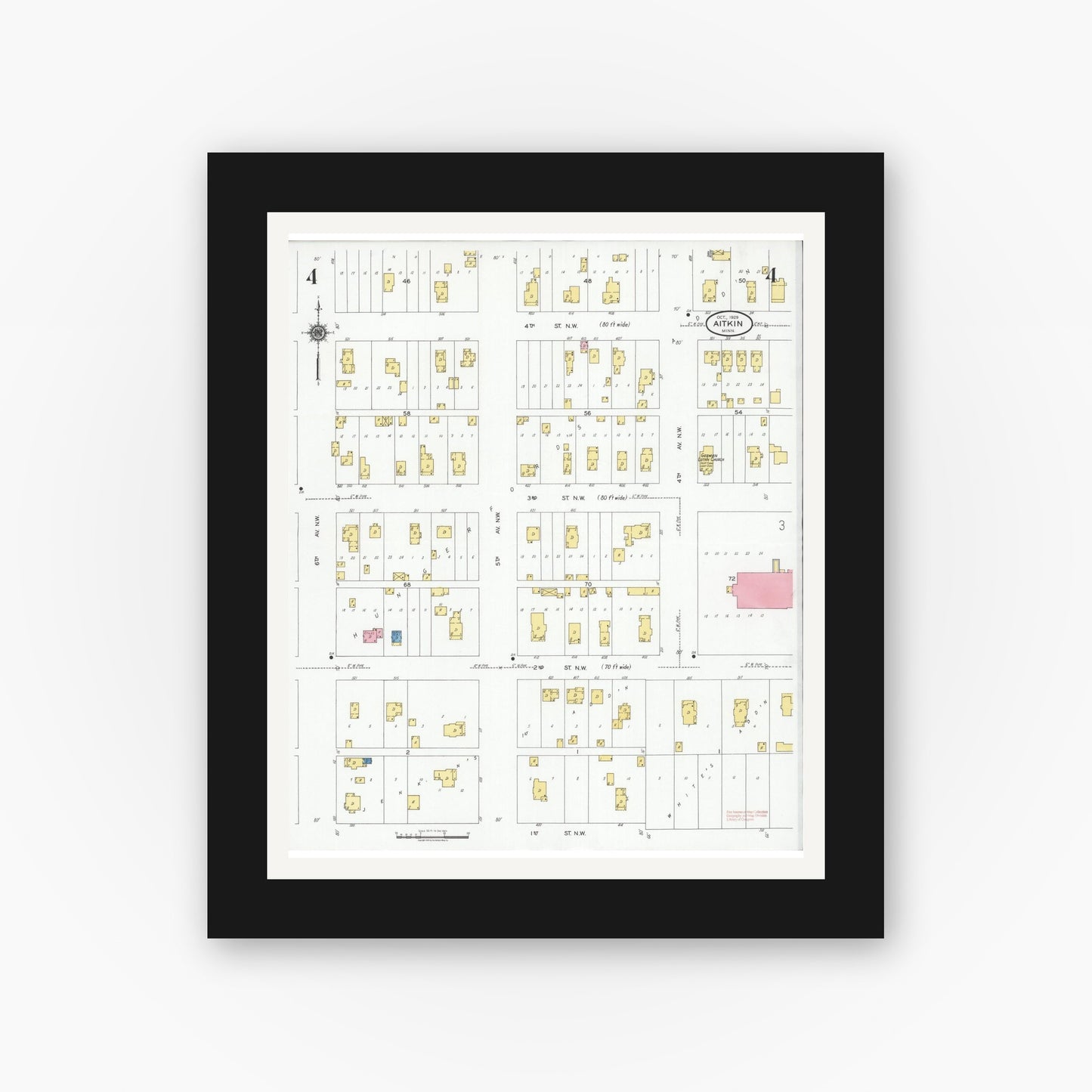 Old map wall art mockup — black gallery frame with white mat — Sanborn Fire Insurance Map from Aitkin, Aitkin County, Minnesota (1929), Sheet #0004
