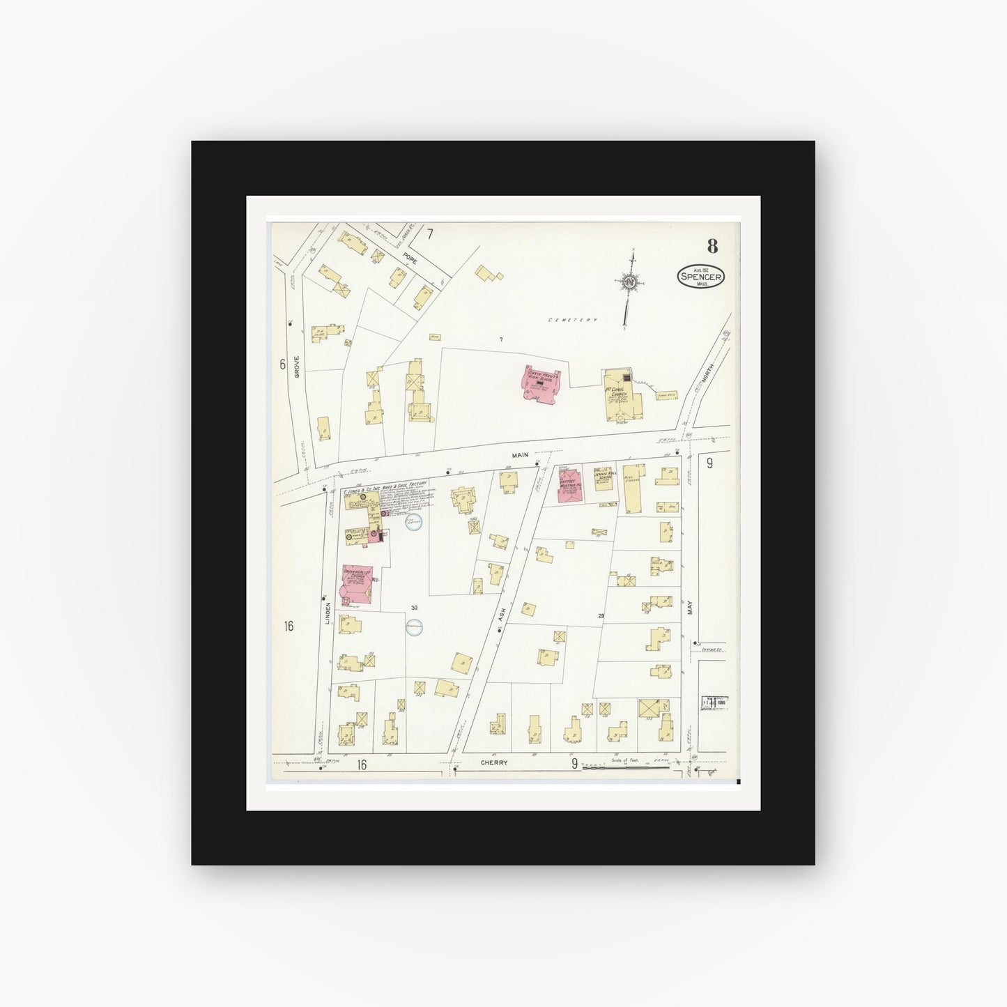 Old map wall art mockup — black gallery frame with white mat — Sanborn Fire Insurance Map from Spencer, Worcester County, Massachusetts (1912), Sheet #0008