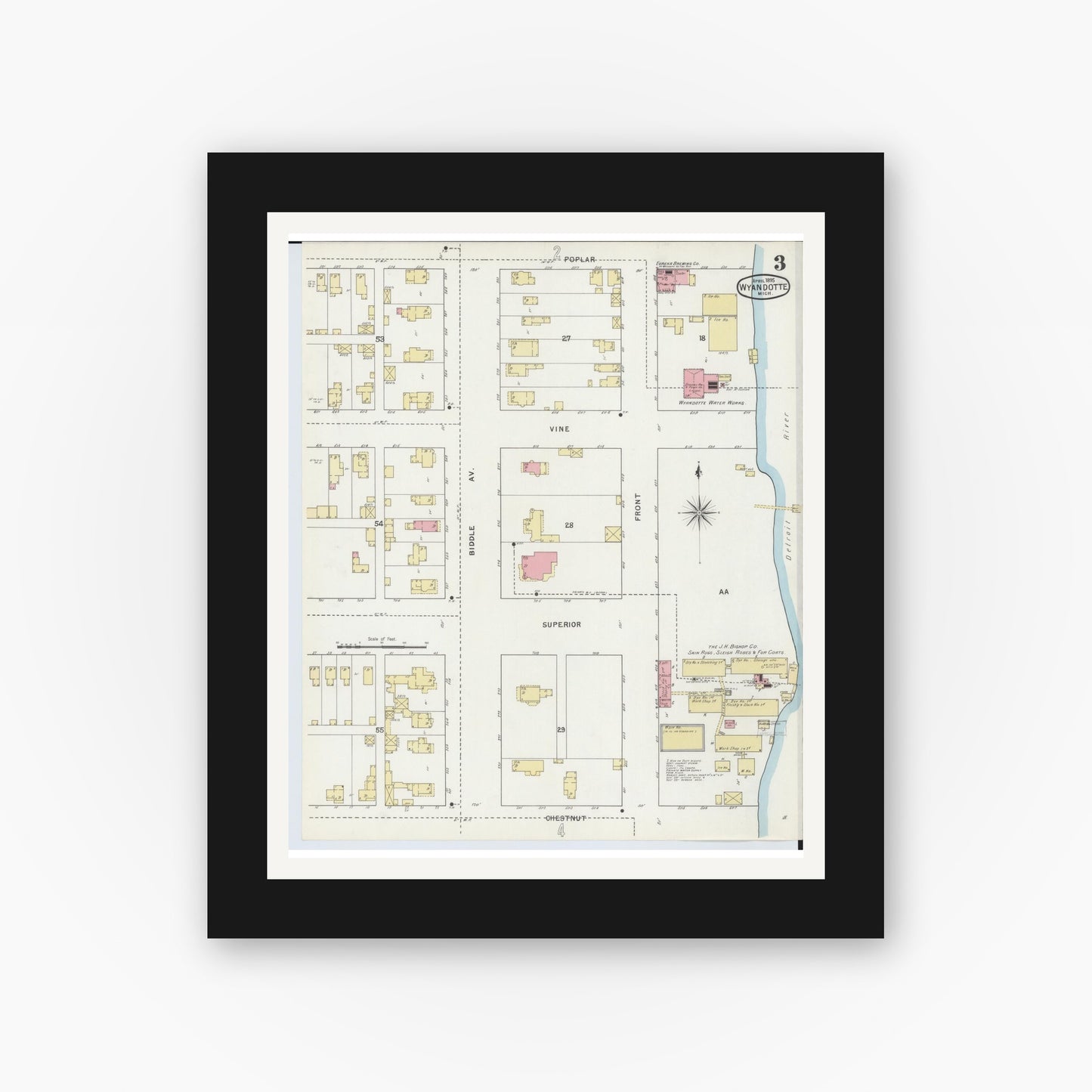 Old map wall art mockup — black gallery frame with white mat — Sanborn Fire Insurance Map from Wyandotte, Wayne County, Michigan (1895), Sheet #0003