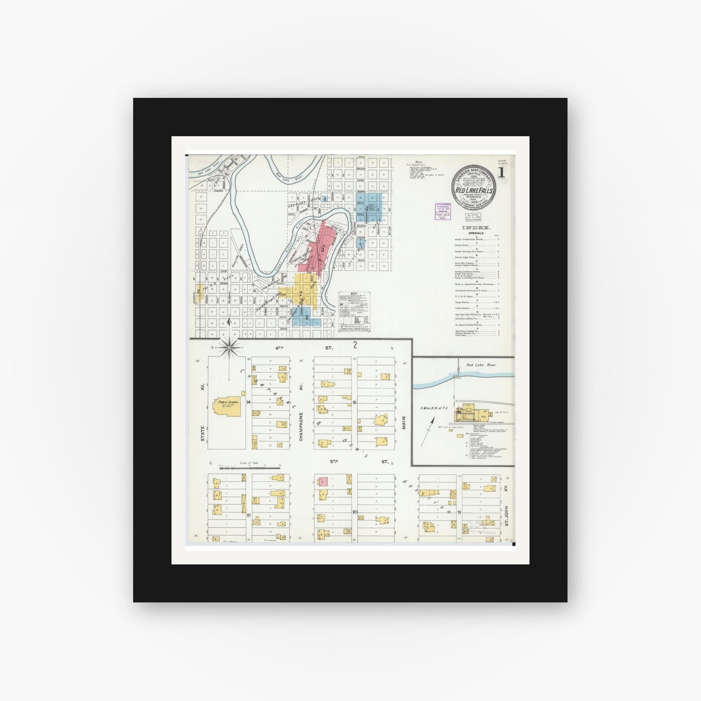 Old map wall art mockup — black gallery frame with white mat — Sanborn Fire Insurance Map from Red Lake Falls, Red Lake County, Minnesota (1904) - Complete Map Set