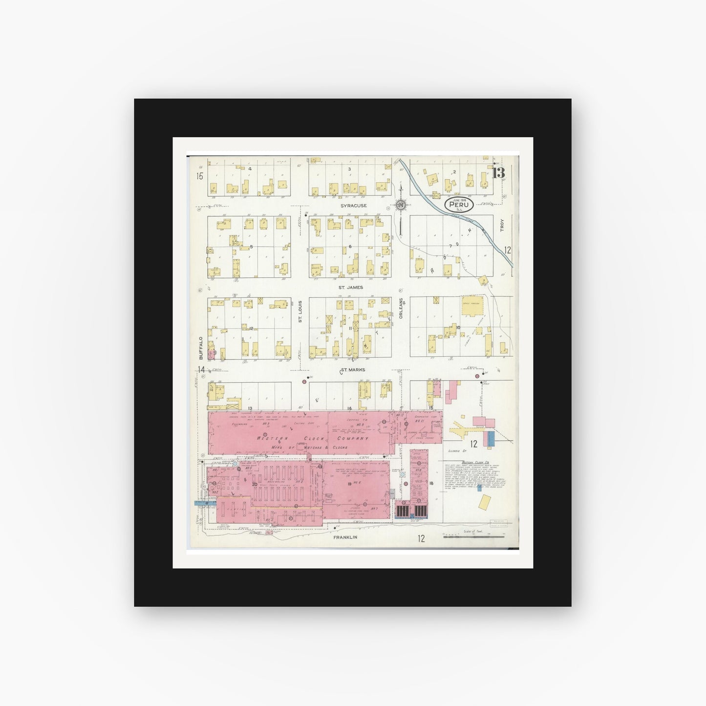Old map wall art mockup — black gallery frame with white mat — Sanborn Fire Insurance Map from Peru, La Salle County, Illinois (1916), Sheet #0013