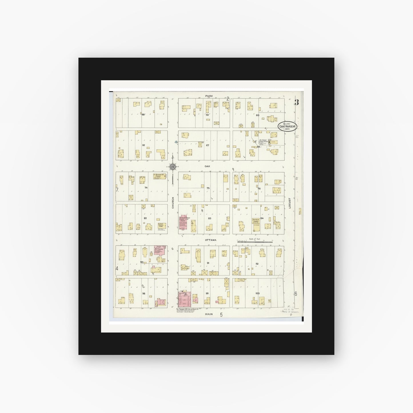 Old map wall art mockup — black gallery frame with white mat — Sanborn Fire Insurance Map from Oak Harbor, Ottawa County, Ohio (1910), Sheet #0003