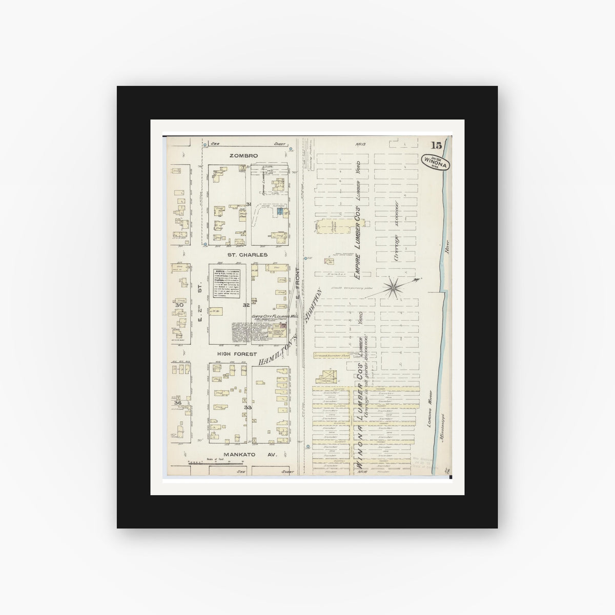Old map wall art mockup — black gallery frame with white mat — Sanborn Fire Insurance Map from Winona, Winona County, Minnesota (1884), Sheet #0015