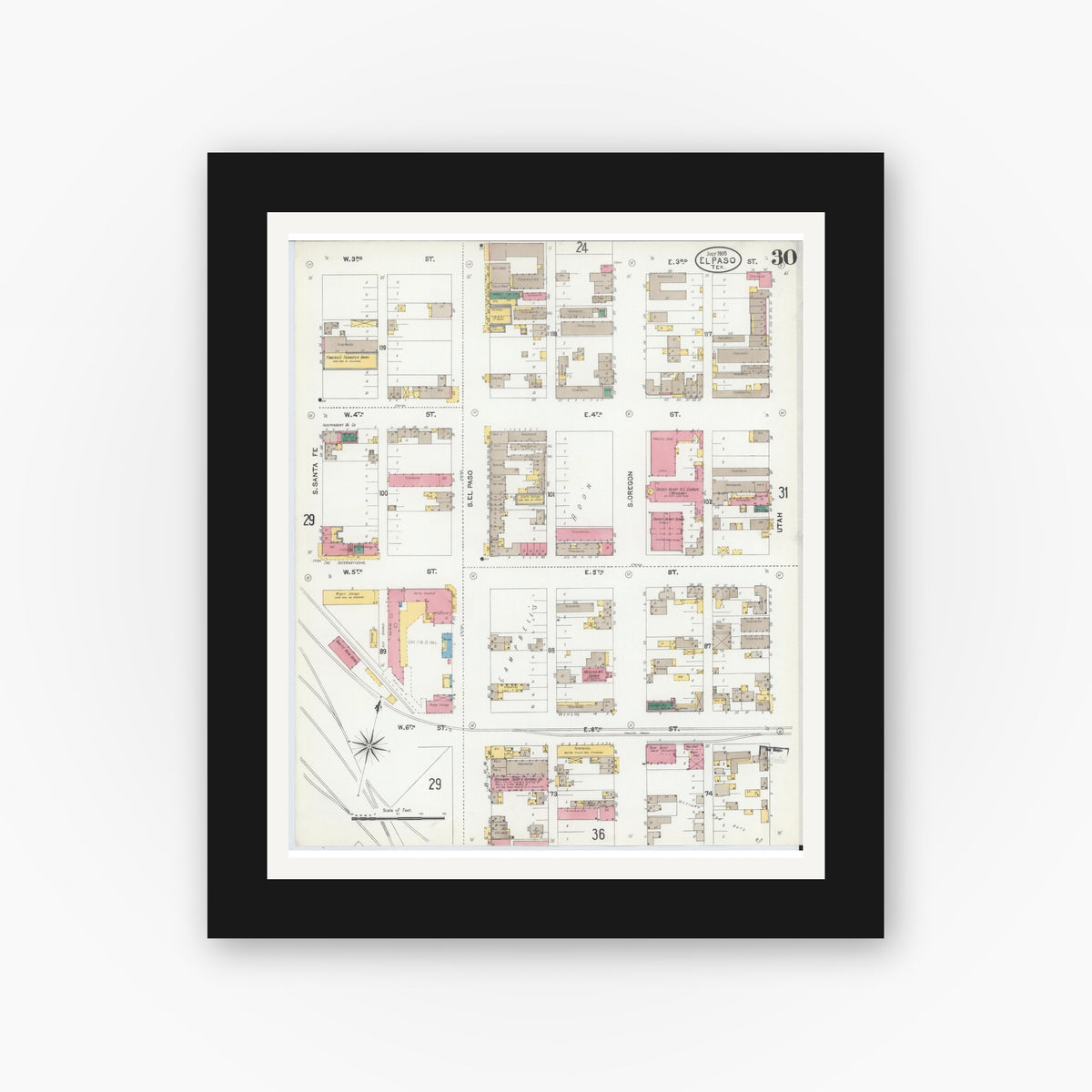 Old map wall art mockup — black gallery frame with white mat — Sanborn Fire Insurance Map from El Paso, El Paso County, Texas (1905), Sheet #0030