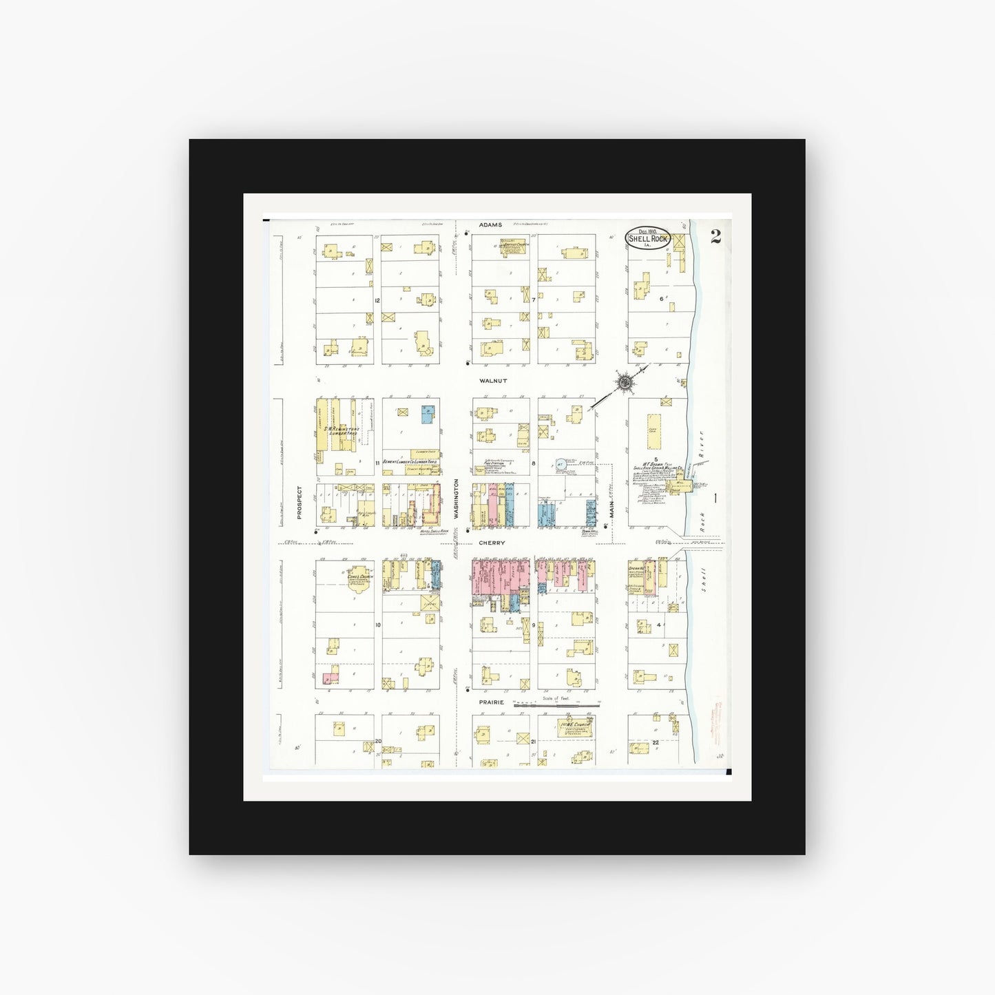 Old map wall art mockup β black gallery frame with white mat β Sanborn Fire Insurance Map from Shell Rock, Butler County, Iowa (1910), Sheet #0002