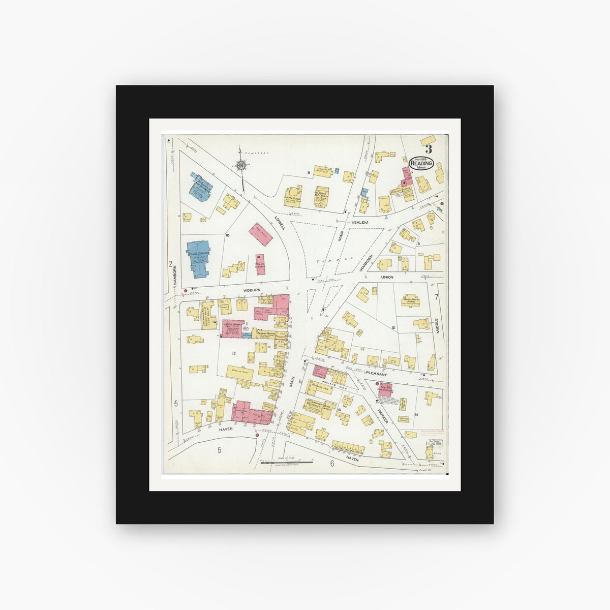 Old map wall art mockup — black gallery frame with white mat — Sanborn Fire Insurance Map from Reading, Middlesex County, Massachusetts (1918), Sheet #0003