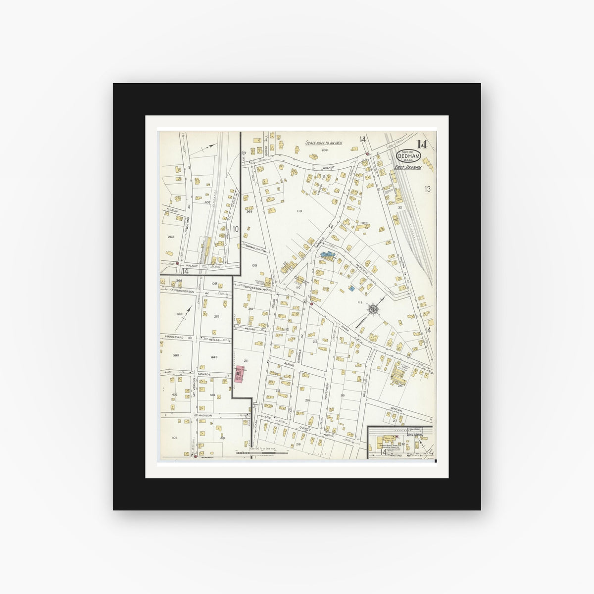Old map wall art mockup — black gallery frame with white mat — Sanborn Fire Insurance Map from Dedham, Norfolk County, Massachusetts (1917), Sheet #0014