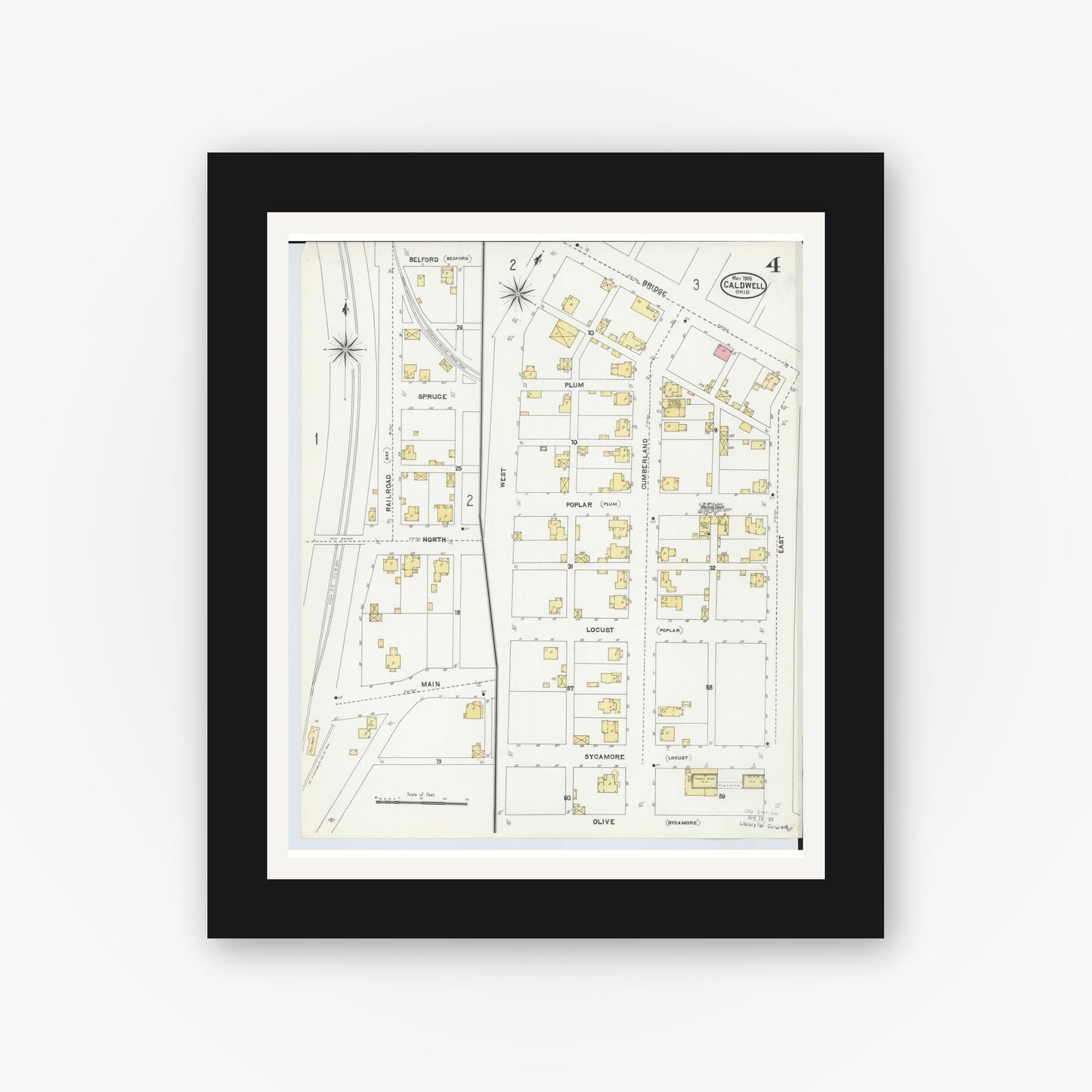 Old map wall art mockup — black gallery frame with white mat — Sanborn Fire Insurance Map from Caldwell, Noble County, Ohio (1905), Sheet #0004