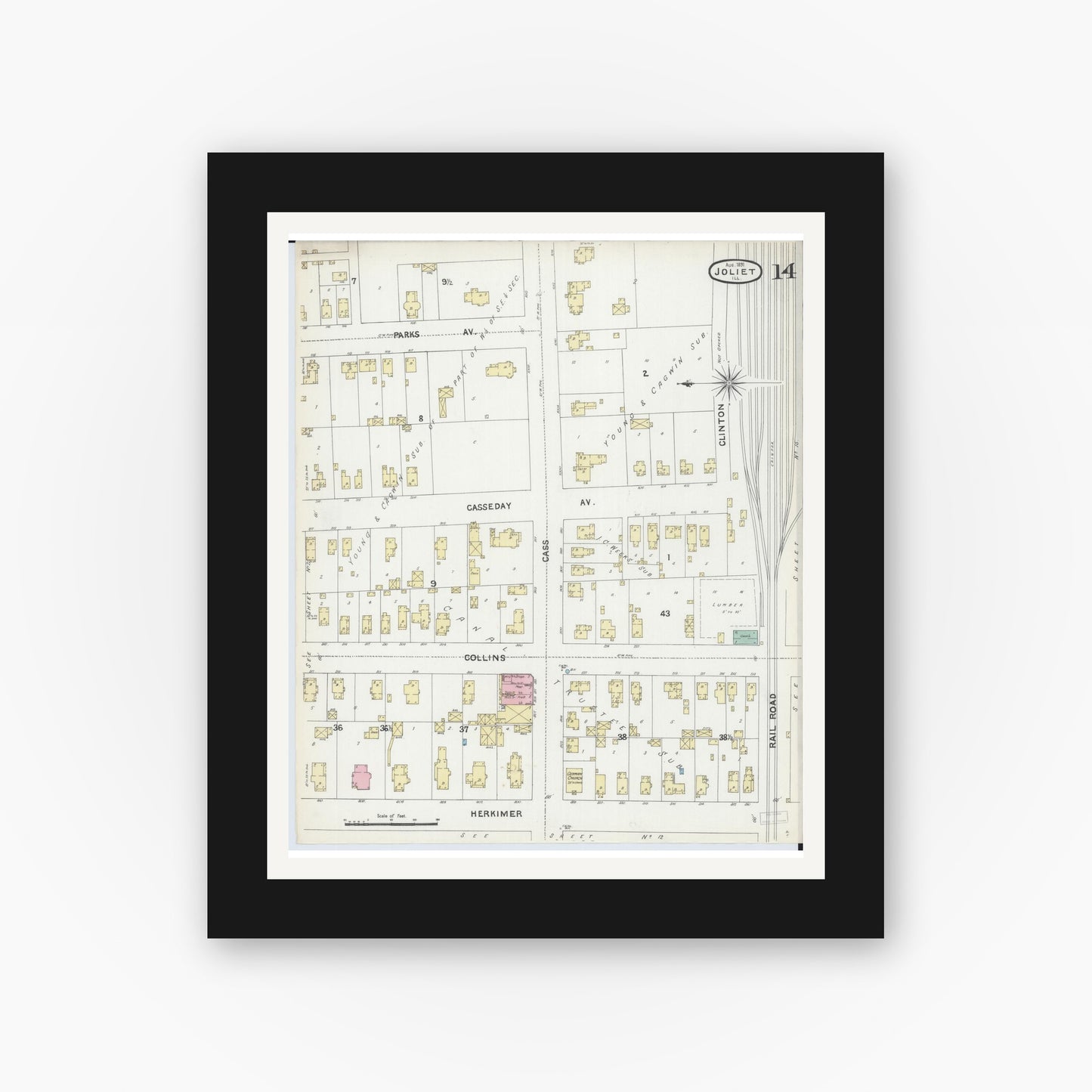Old map wall art mockup — black gallery frame with white mat — Sanborn Fire Insurance Map from Joliet, Will County, Illinois (1891), Sheet #0014