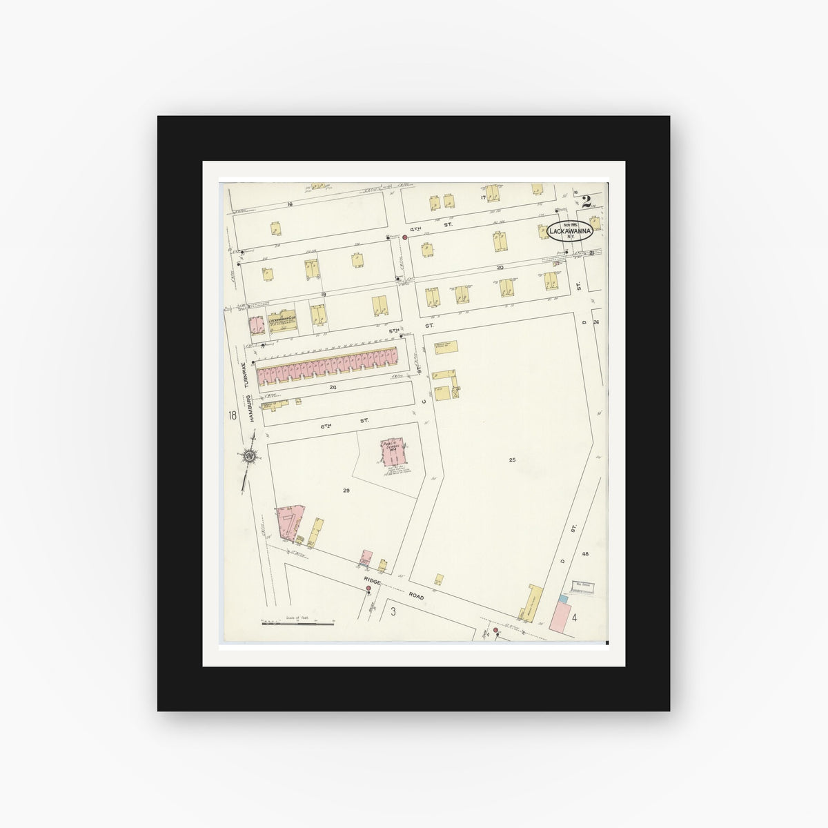 Old map wall art mockup — black gallery frame with white mat — Sanborn Fire Insurance Map from Lackawanna, Erie County, New York (1915), Sheet #0002
