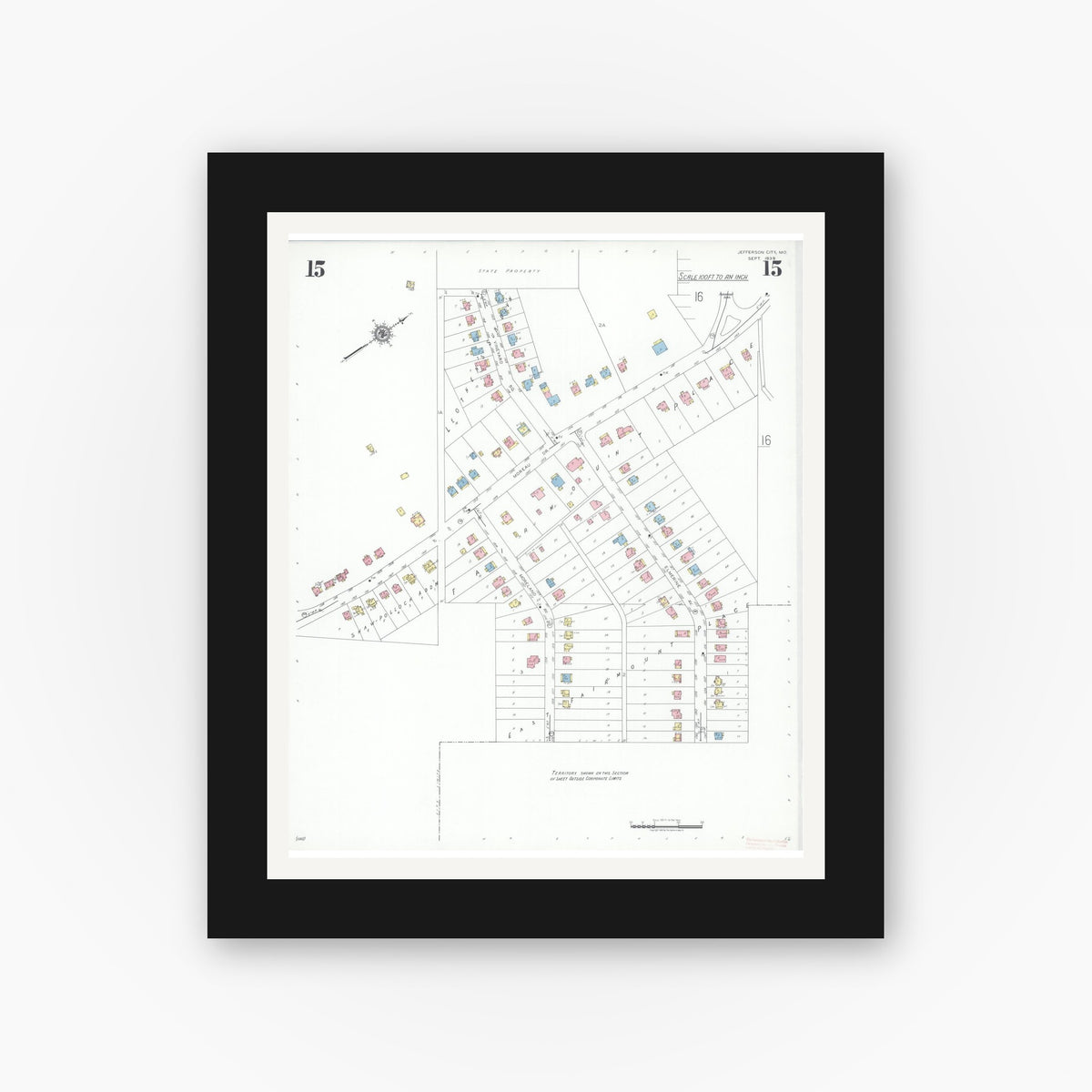Old map wall art mockup — black gallery frame with white mat — Sanborn Fire Insurance Map from Jefferson City, Cole County, Missouri (1939), Sheet #0015