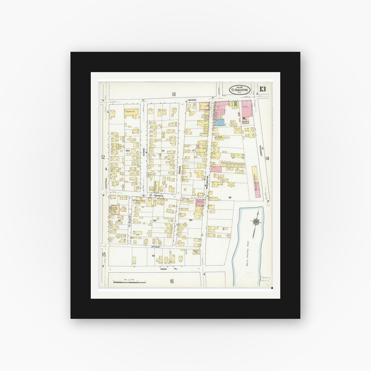 Old map wall art mockup — black gallery frame with white mat — Sanborn Fire Insurance Map from Saint Augustine, Saint John's County, Florida (1910), Sheet #0013