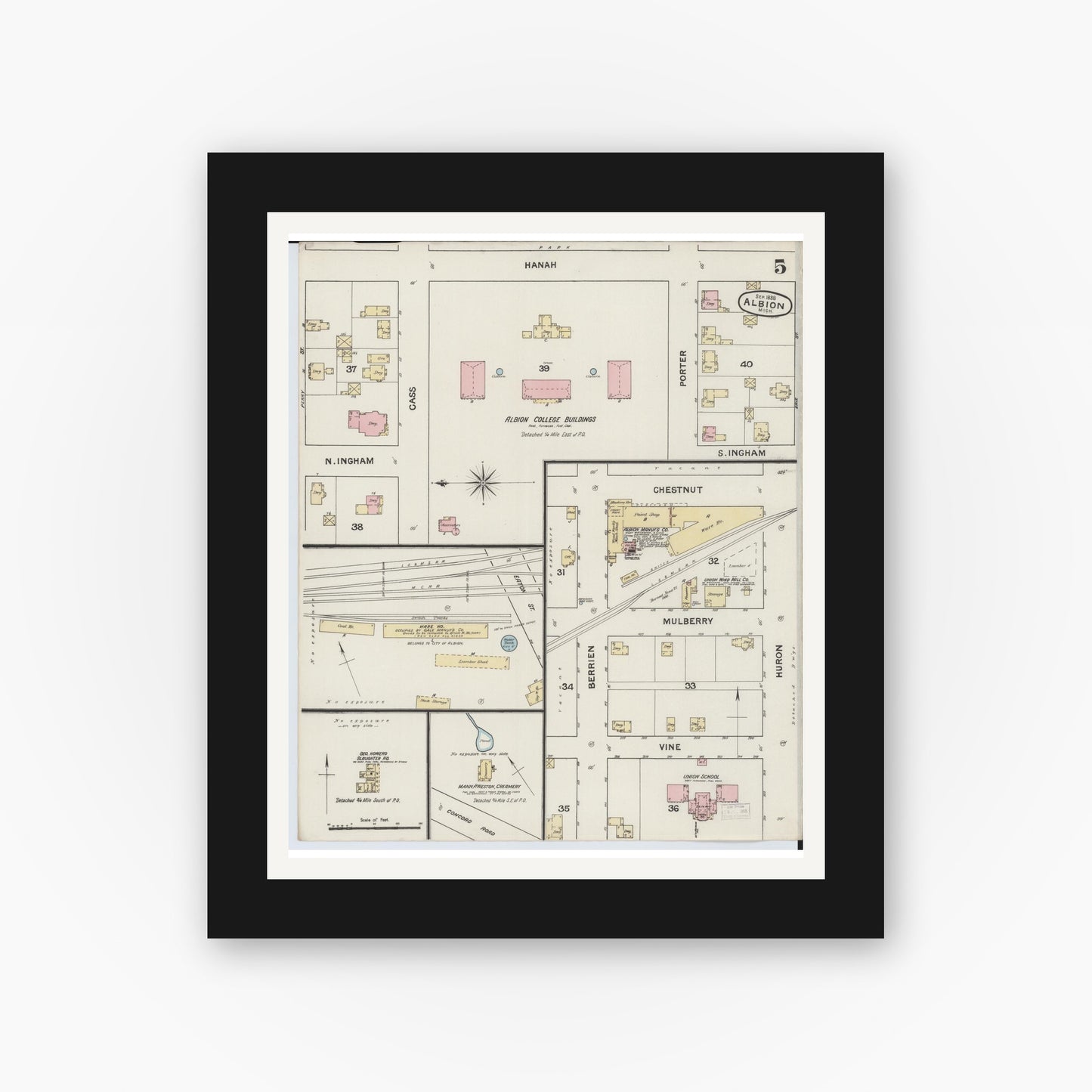 Old map wall art mockup — black gallery frame with white mat — Sanborn Fire Insurance Map from Albion, Calhoun County, Michigan (1888), Sheet #0005