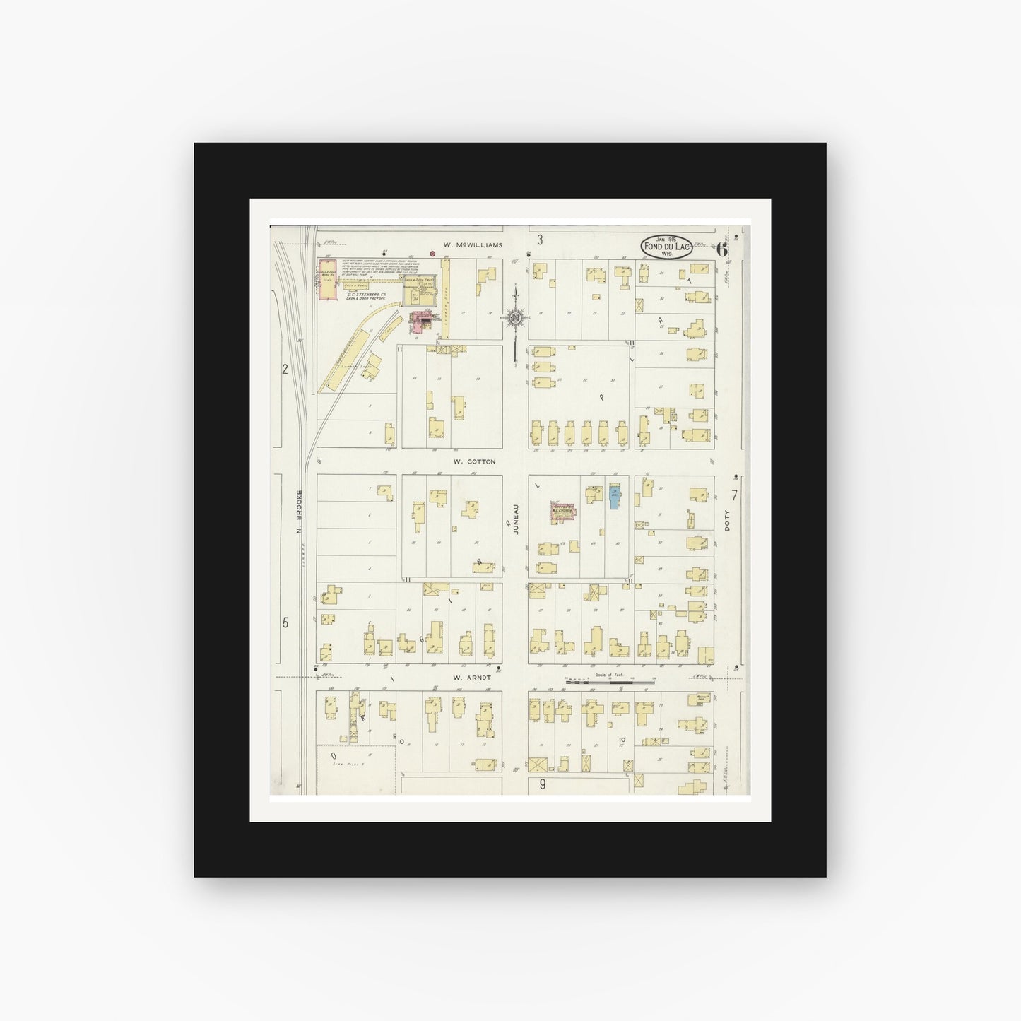 Old map wall art mockup — black gallery frame with white mat — Sanborn Fire Insurance Map from Fond du Lac, Fond du Lac County, Wisconsin (1915), Sheet #0006