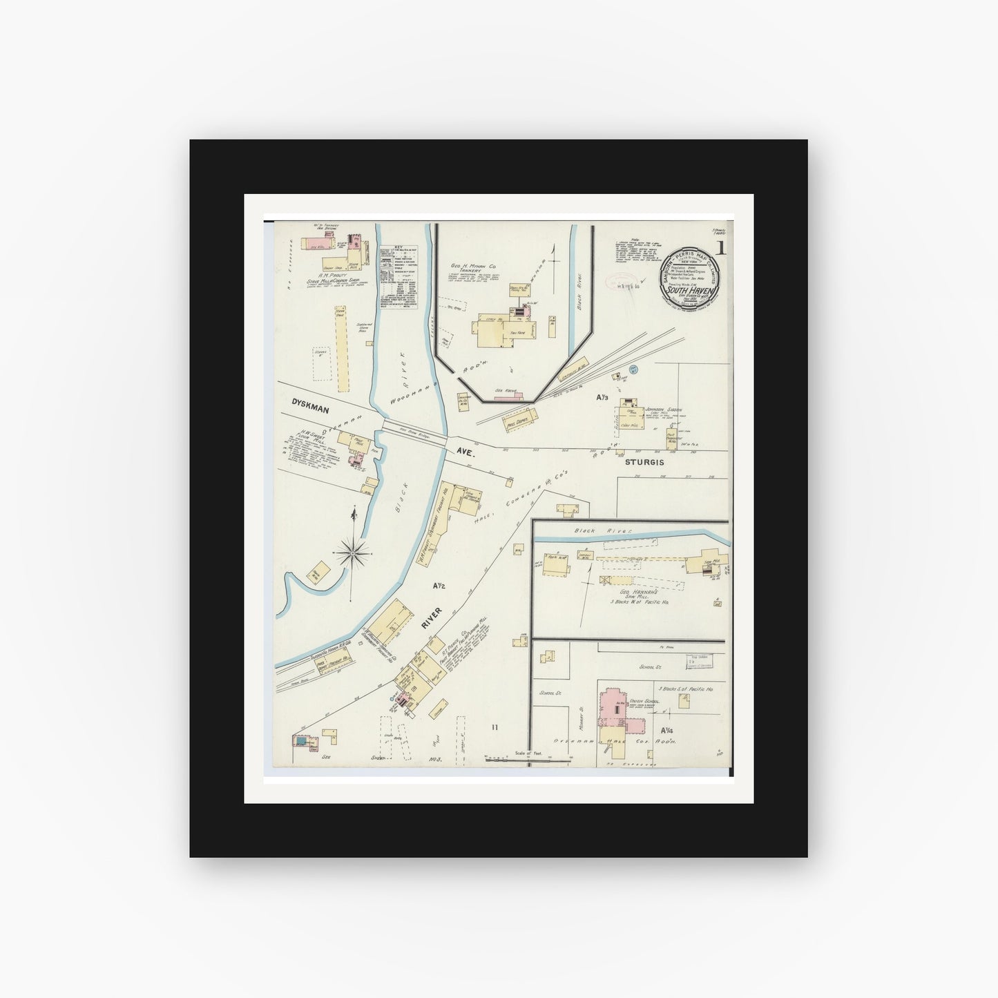 Old map wall art mockup — black gallery frame with white mat — Sanborn Fire Insurance Map from South Haven, Van Buren County, Michigan (1891) - Complete Map Set