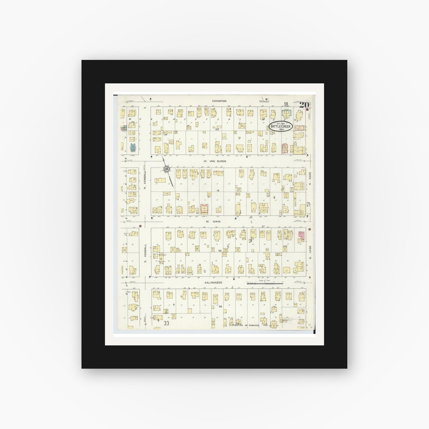 Old map wall art mockup — black gallery frame with white mat — Sanborn Fire Insurance Map from Battle Creek, Calhoun County, Michigan (1913), Sheet #0020