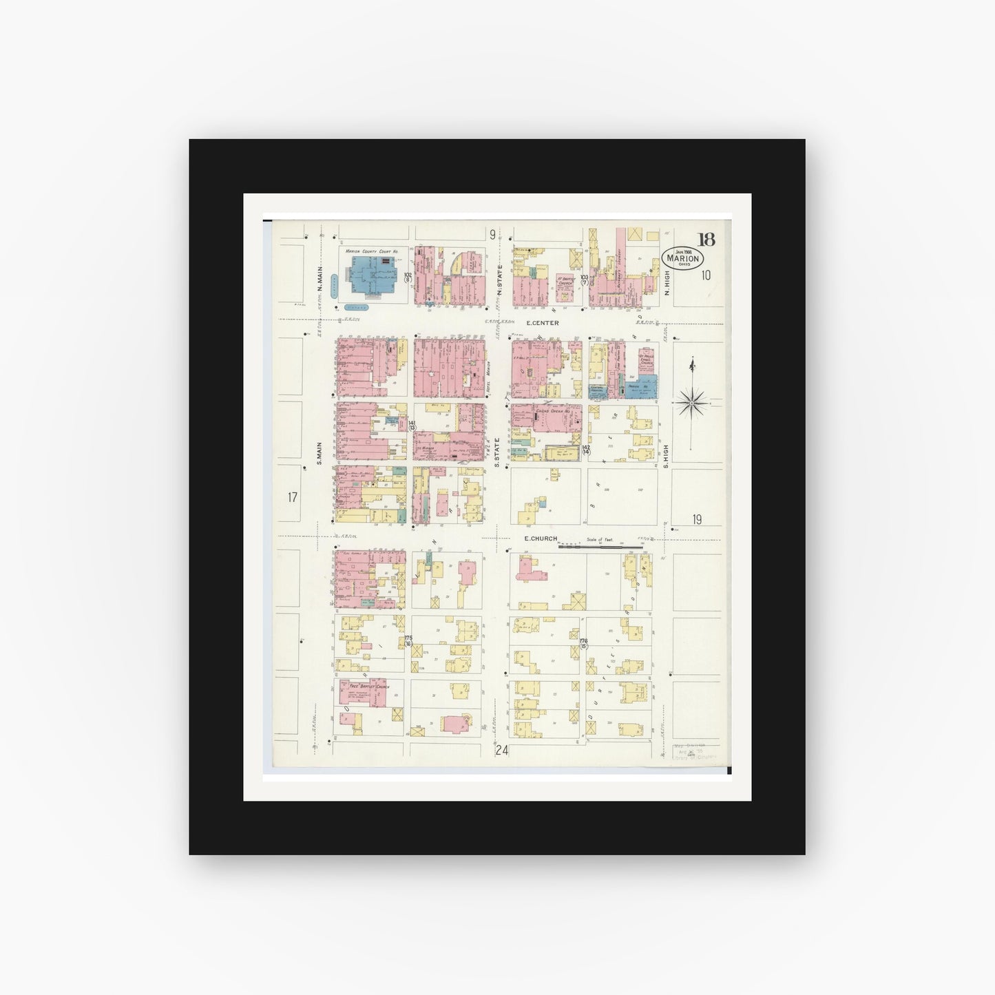 Old map wall art mockup — black gallery frame with white mat — Sanborn Fire Insurance Map from Marion, Marion County, Ohio (1908), Sheet #0018