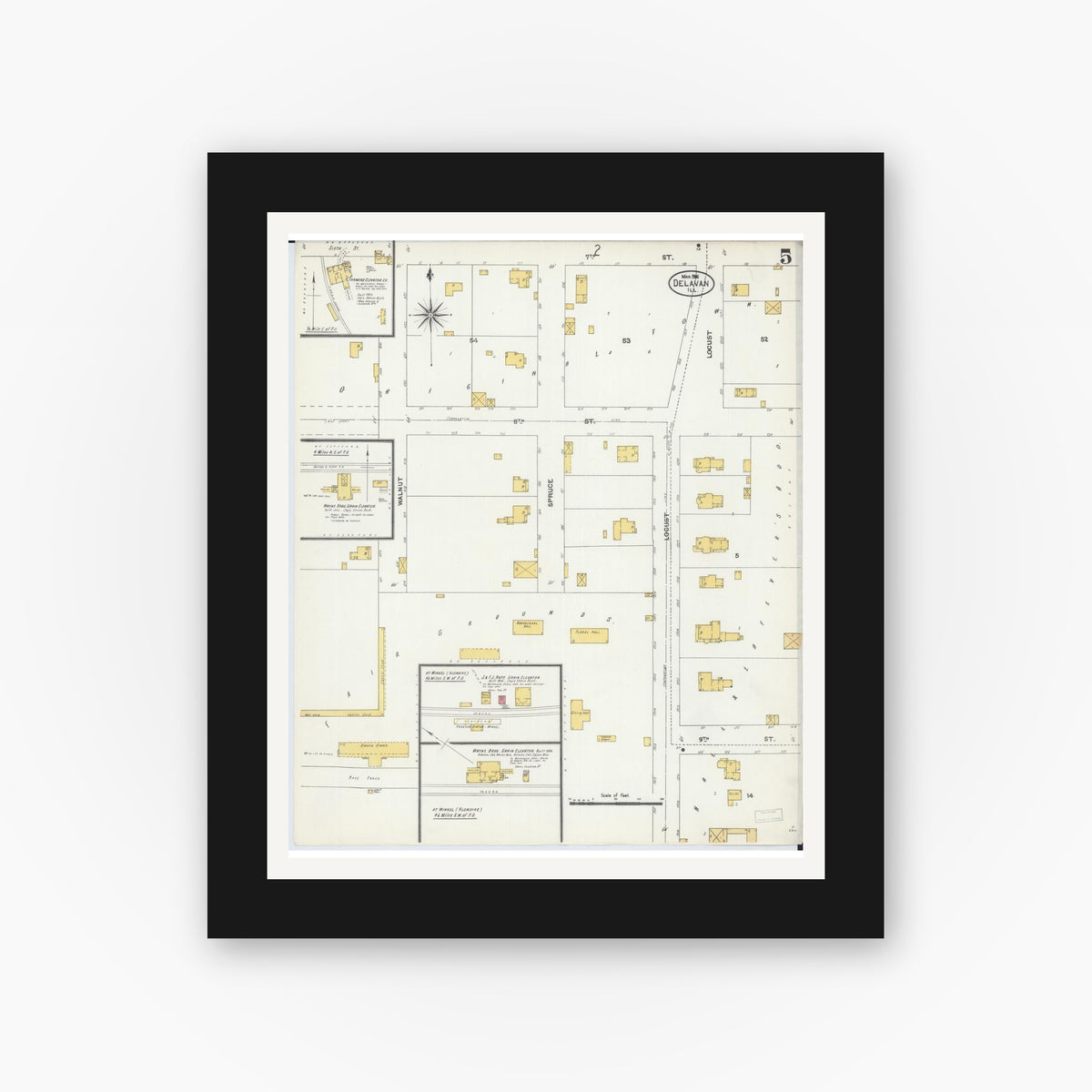 Old map wall art mockup — black gallery frame with white mat — Sanborn Fire Insurance Map from Delavan, Tazewell County, Illinois (1906), Sheet #0005