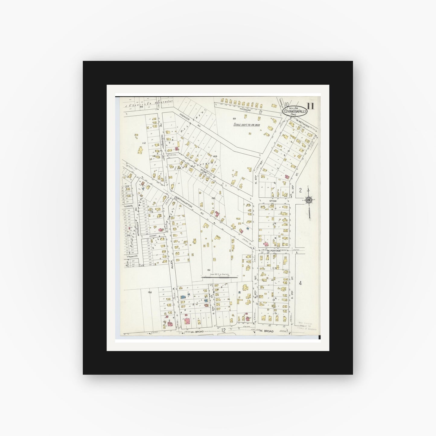 Old map wall art mockup — black gallery frame with white mat — Sanborn Fire Insurance Map from Cuyahoga Falls, Summit County, Ohio (1916), Sheet #0011