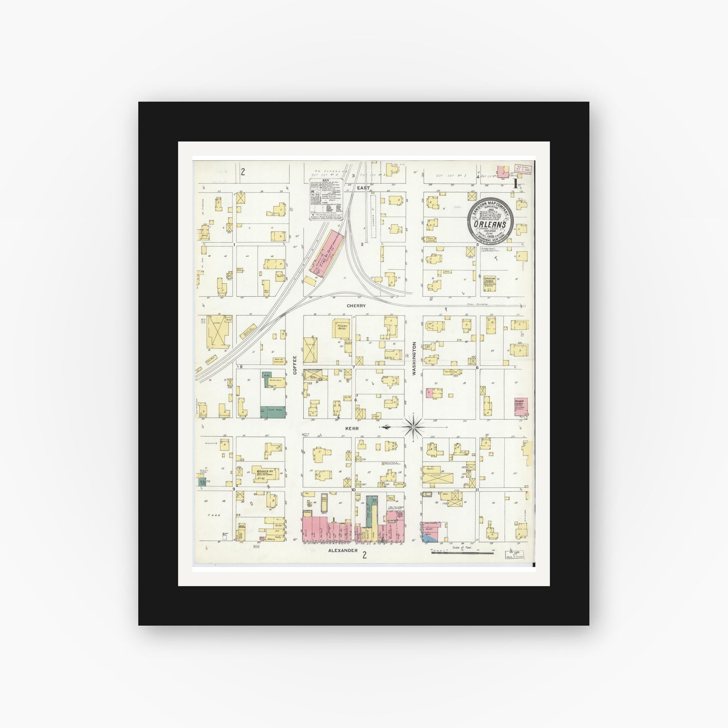 Old map wall art mockup — black gallery frame with white mat — Sanborn Fire Insurance Map from Orleans, Orange County, Indiana (1909) - Complete Map Set