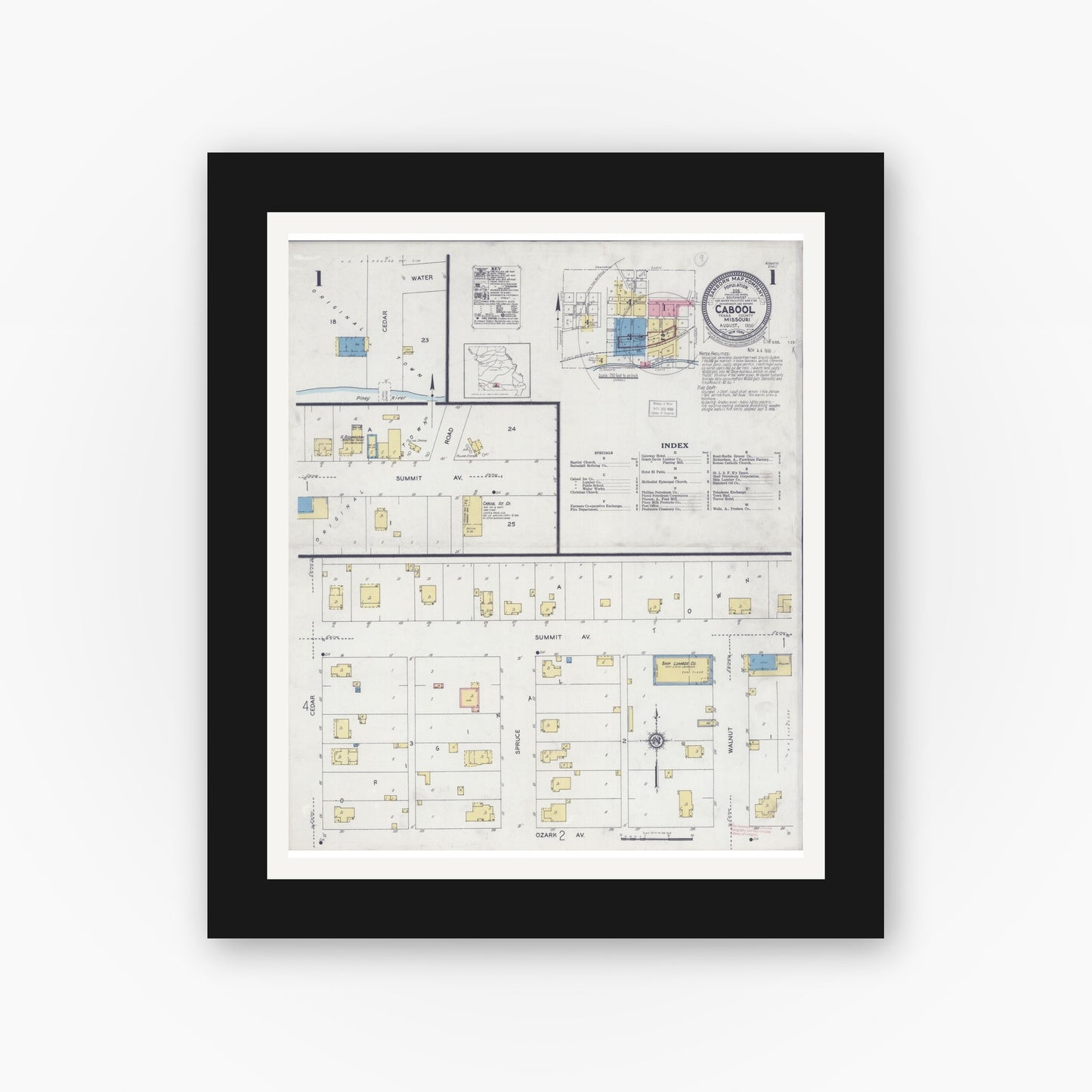 Old map wall art mockup — black gallery frame with white mat — Sanborn Fire Insurance Map from Cabool, Texas County, Missouri (1930) - Complete Map Set