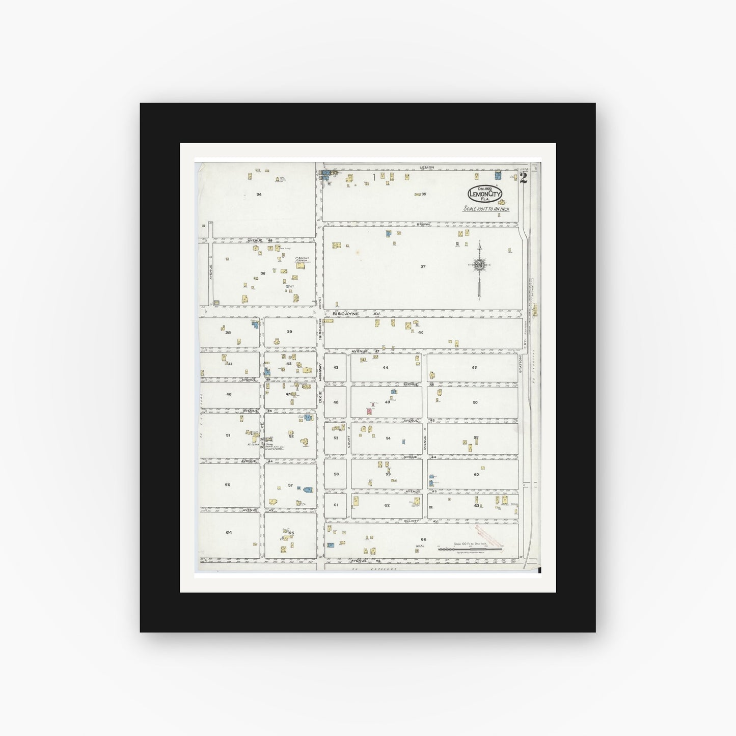 Old map wall art mockup — black gallery frame with white mat — Sanborn Fire Insurance Map from Lemon City, Dade County, Florida (1920), Sheet #0002