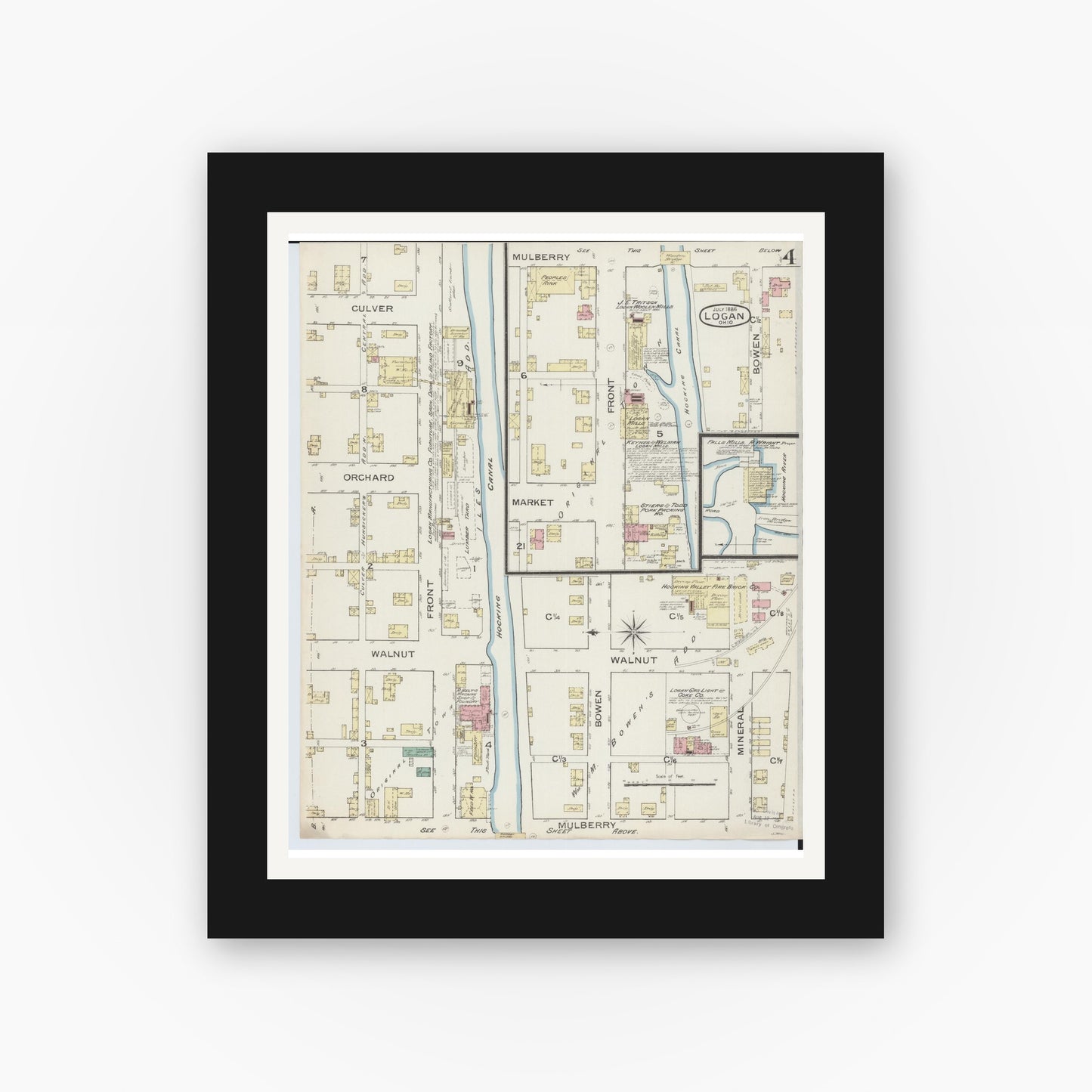 Old map wall art mockup — black gallery frame with white mat — Sanborn Fire Insurance Map from Logan, Hocking County, Ohio (1886), Sheet #0004