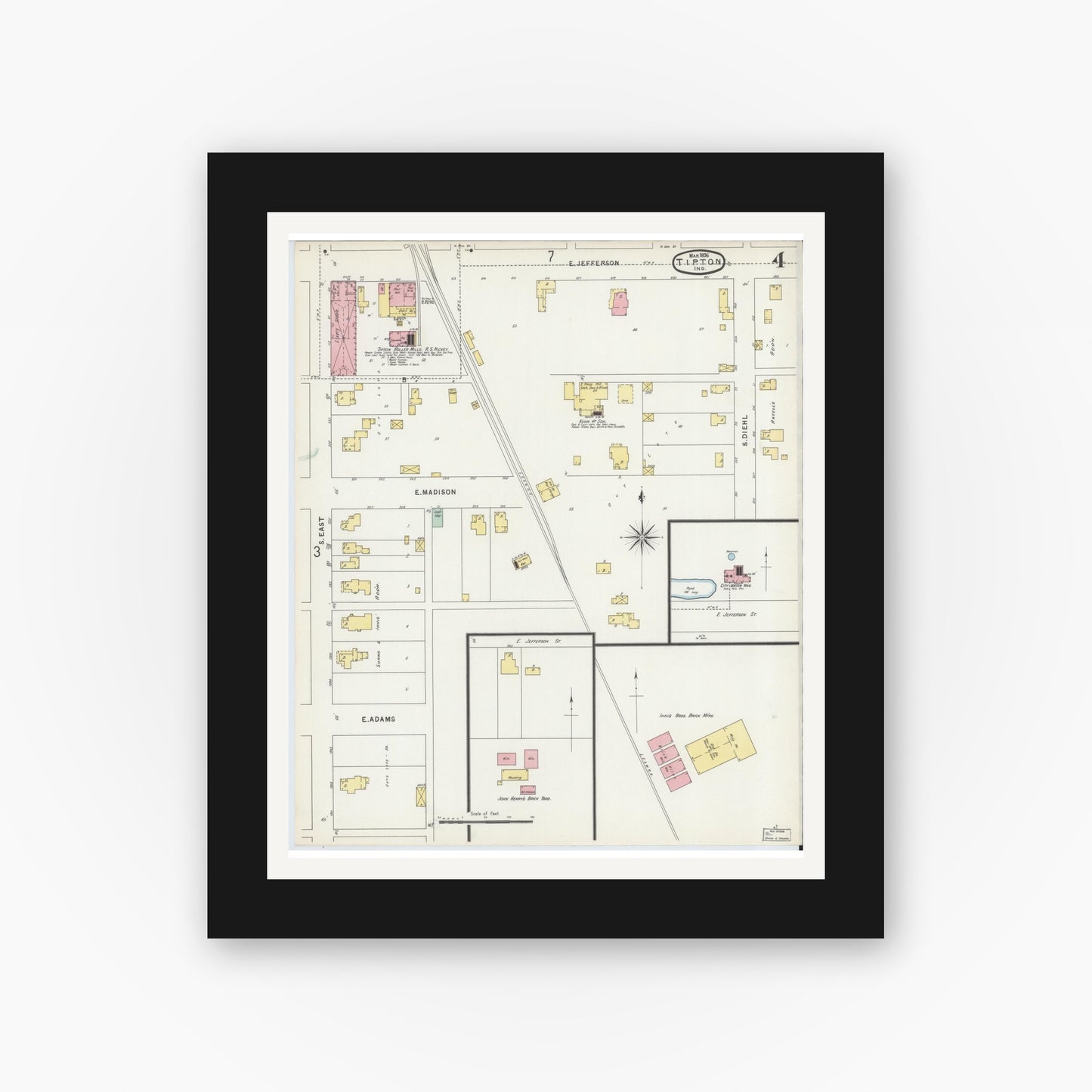 Old map wall art mockup — black gallery frame with white mat — Sanborn Fire Insurance Map from Tipton, Tipton County, Indiana (1896), Sheet #0004