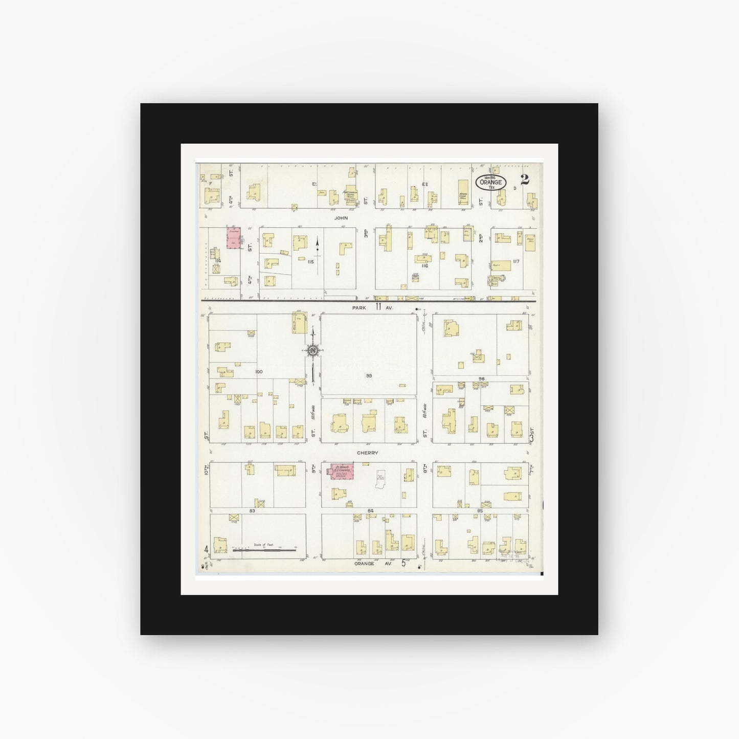 Old map wall art mockup — black gallery frame with white mat — Sanborn Fire Insurance Map from Orange, Orange County, Texas (1914), Sheet #0002