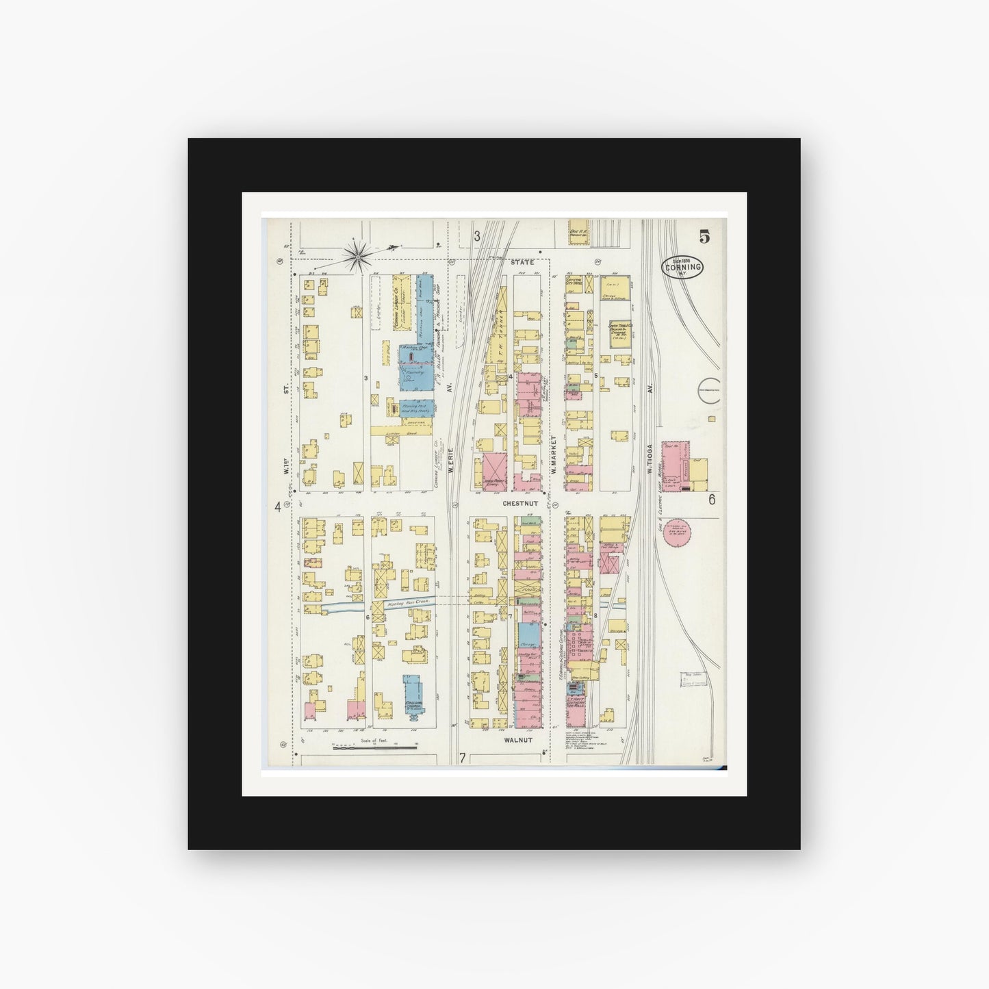 Old map wall art mockup — black gallery frame with white mat — Sanborn Fire Insurance Map from Corning, Steuben County, New York (1898), Sheet #0005