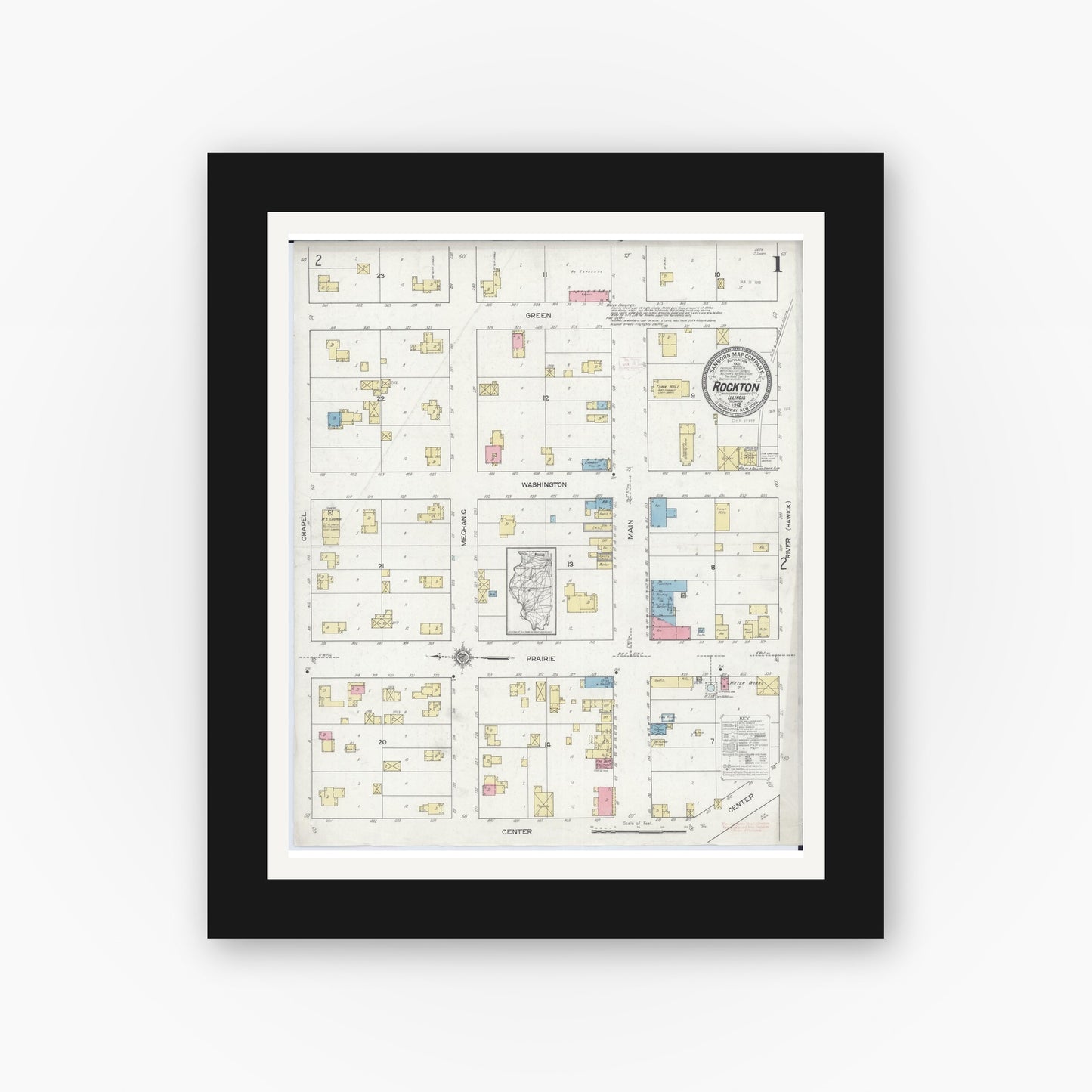Old map wall art mockup — black gallery frame with white mat — Sanborn Fire Insurance Map from Rockton, Winnebago County, Illinois (1912) - Complete Map Set