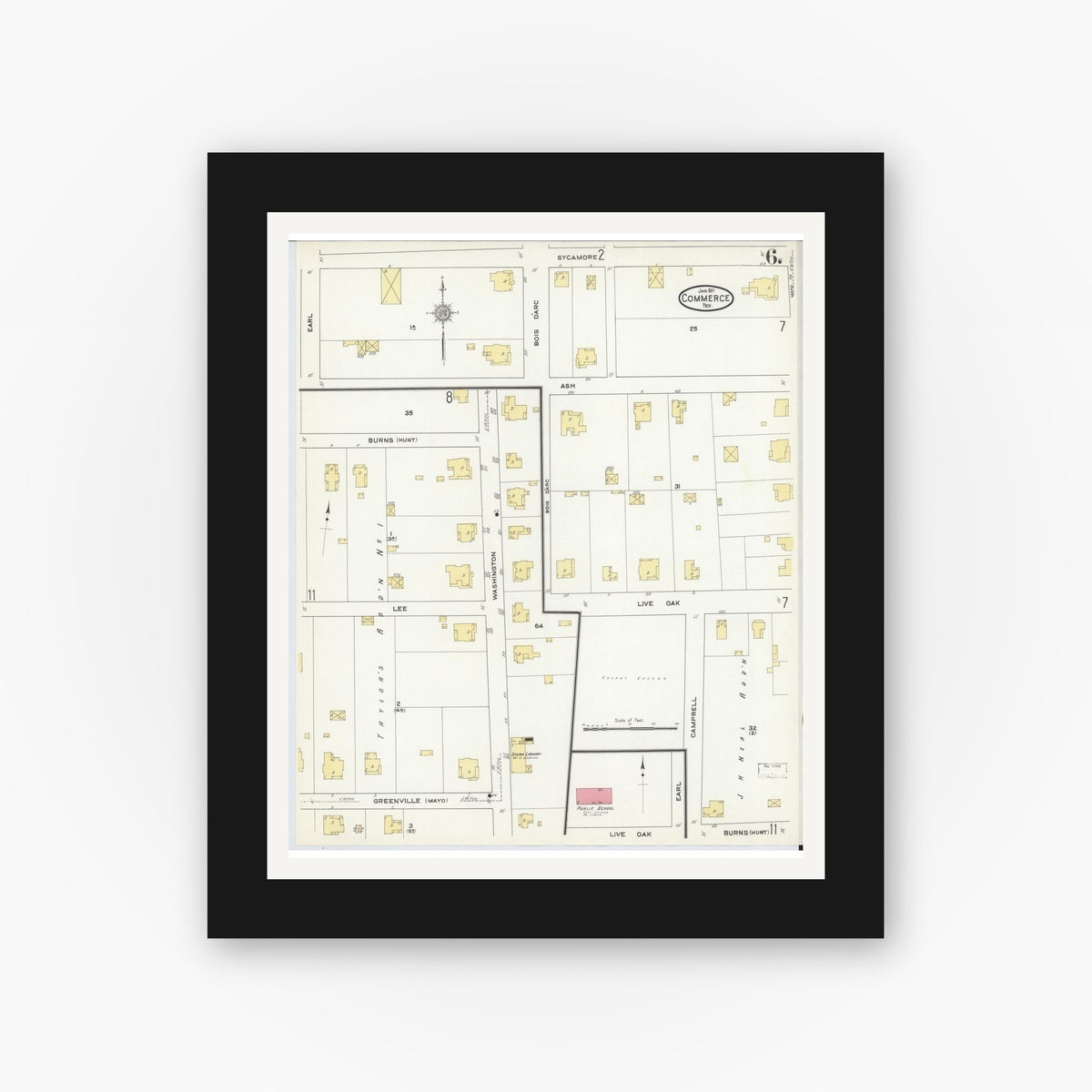 Old map wall art mockup — black gallery frame with white mat — Sanborn Fire Insurance Map from Commerce, Hunt County, Texas (1911), Sheet #0006