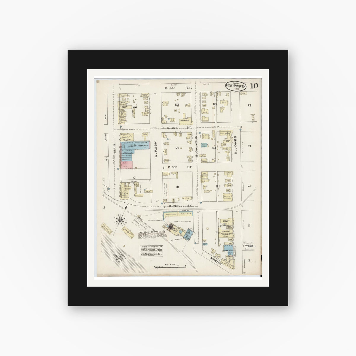 Old map wall art mockup — black gallery frame with white mat — Sanborn Fire Insurance Map from Fort Worth, Tarrant County, Texas (1885), Sheet #0010