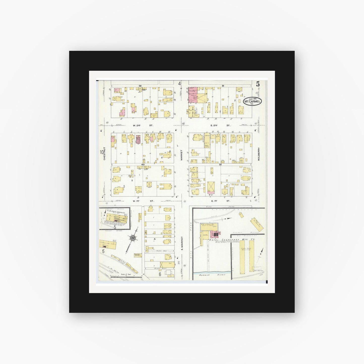 Old map wall art mockup — black gallery frame with white mat — Sanborn Fire Insurance Map from Mount Carmel, Wabash County, Illinois (1910), Sheet #0005