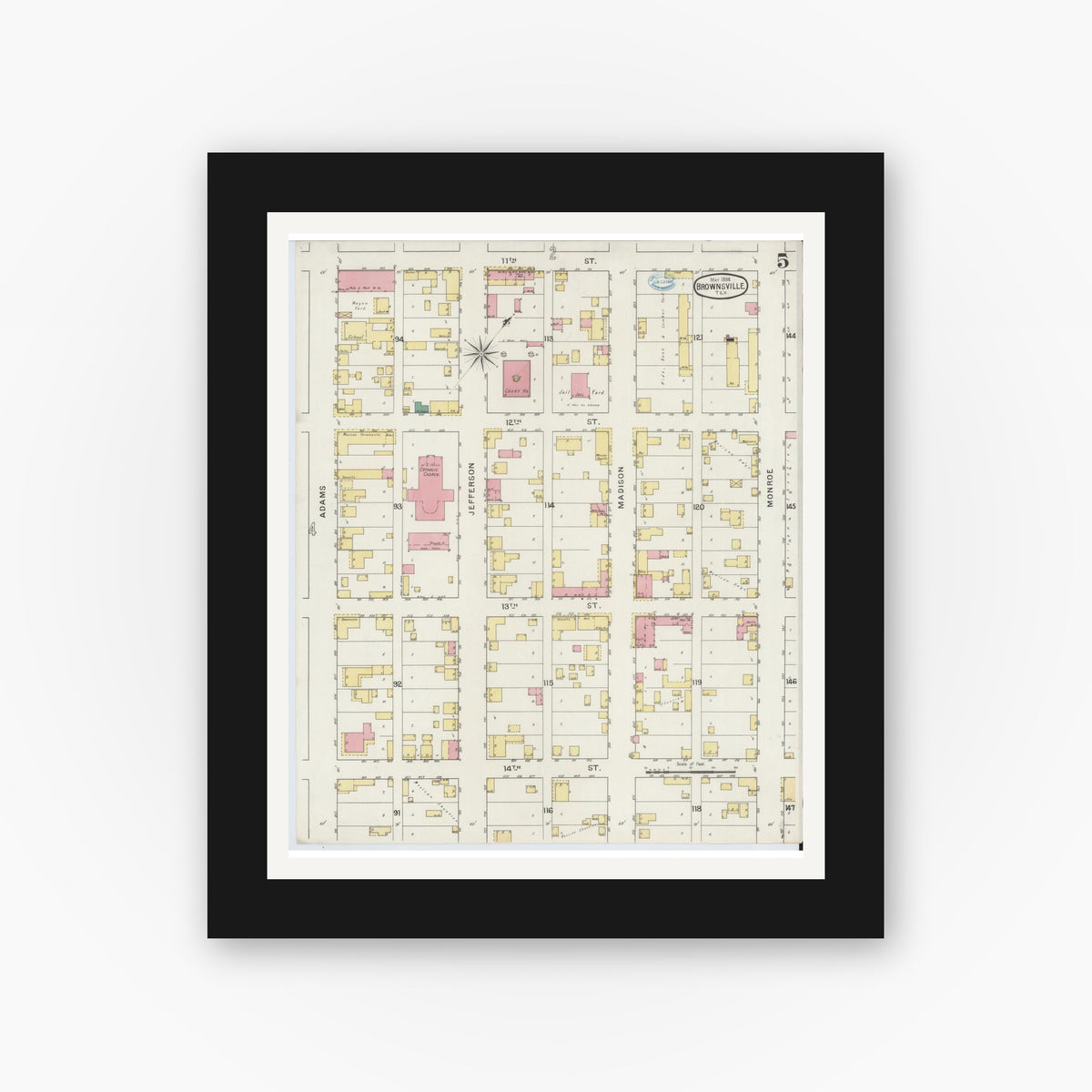 Old map wall art mockup — black gallery frame with white mat — Sanborn Fire Insurance Map from Brownsville, Cameron County, Texas (1894), Sheet #0005