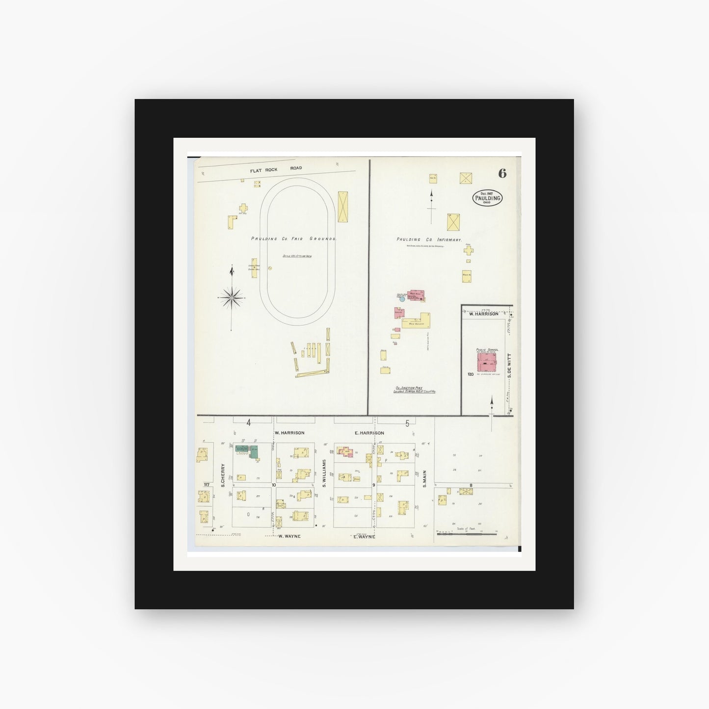 Old map wall art mockup — black gallery frame with white mat — Sanborn Fire Insurance Map from Paulding, Paulding County, Ohio (1907), Sheet #0006